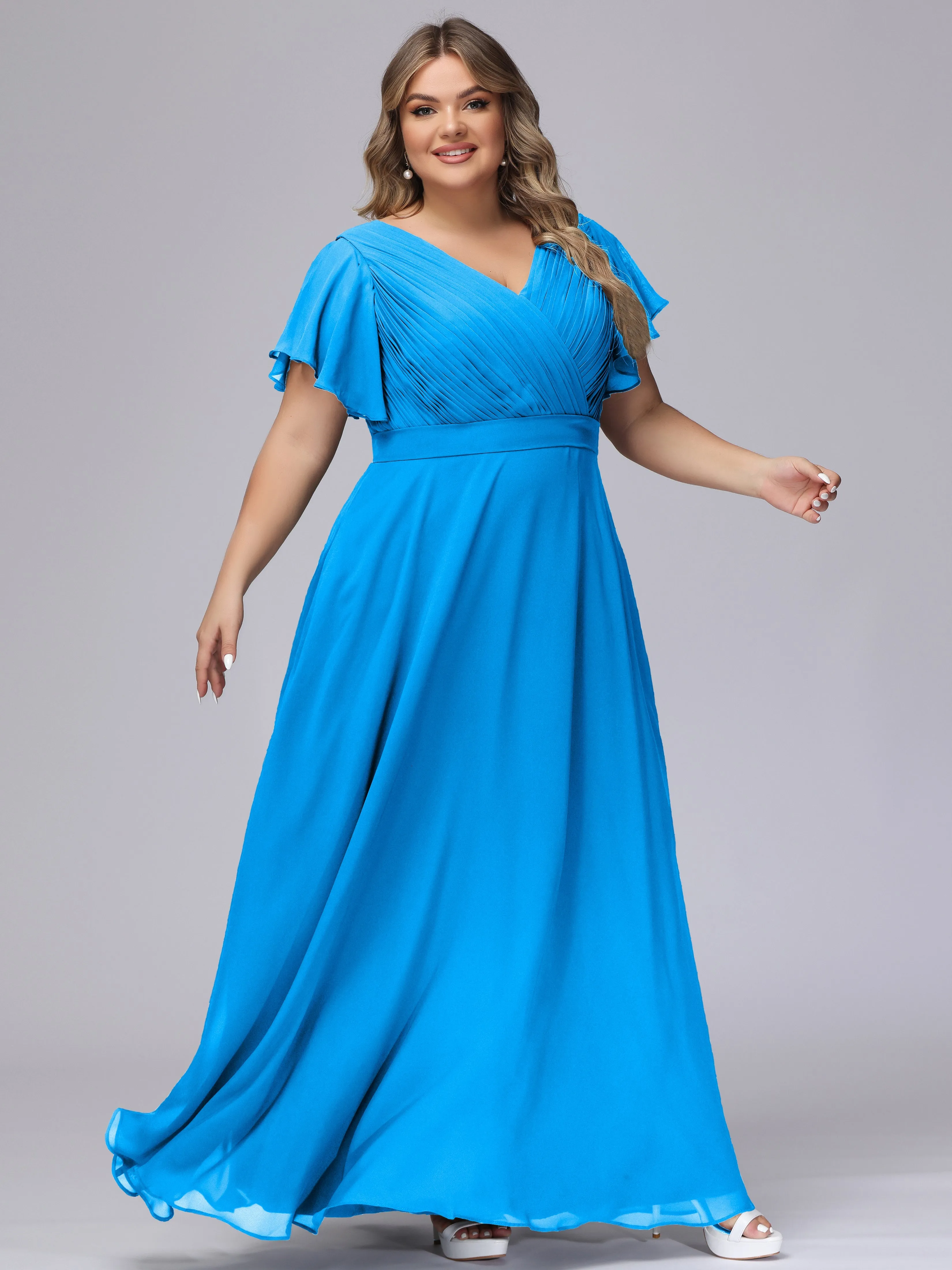 Elegant V-neck Ruffle Sleeves Empire Plus Size Bridesmaid Dress
