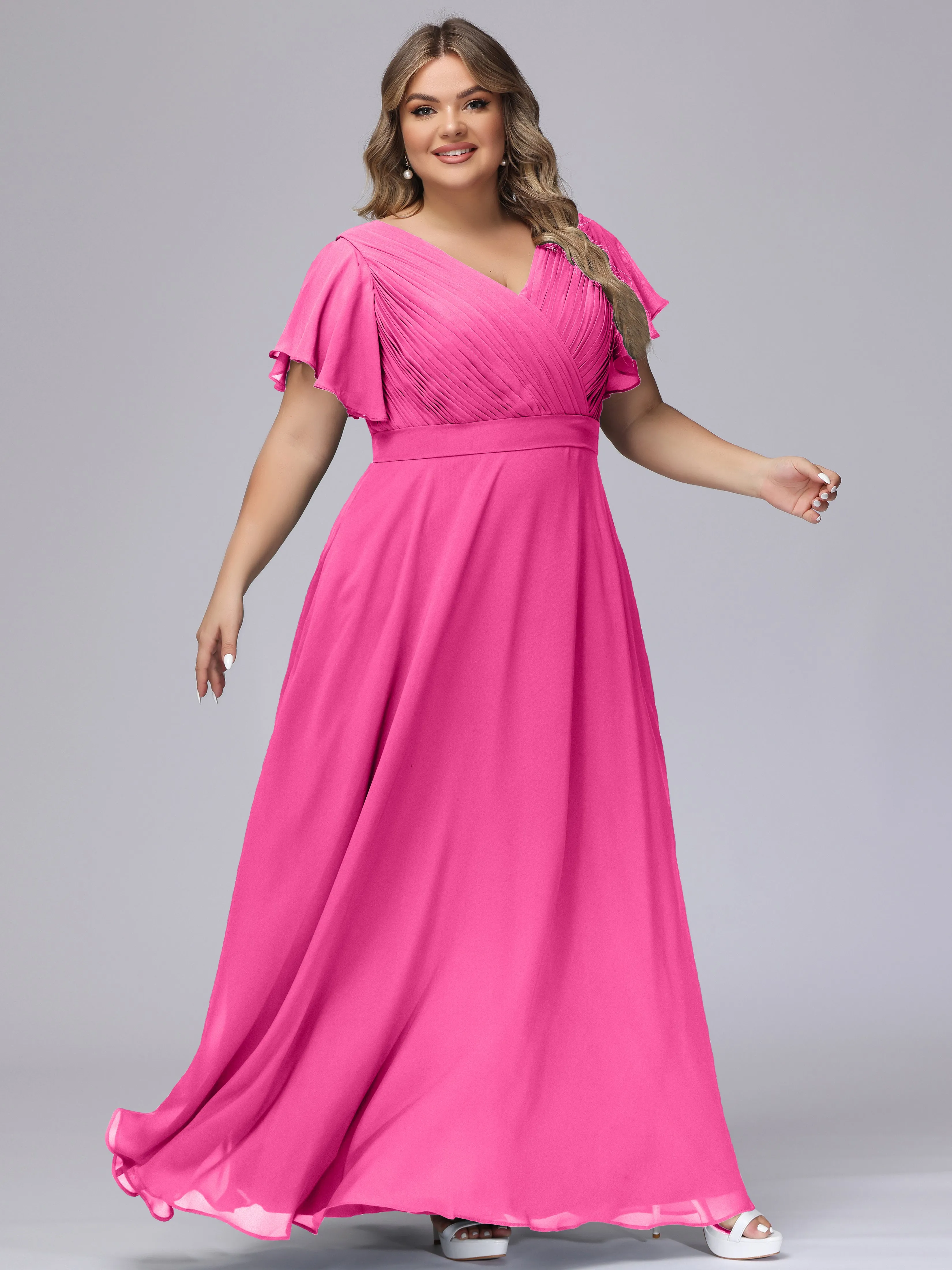 Elegant V-neck Ruffle Sleeves Empire Plus Size Bridesmaid Dress