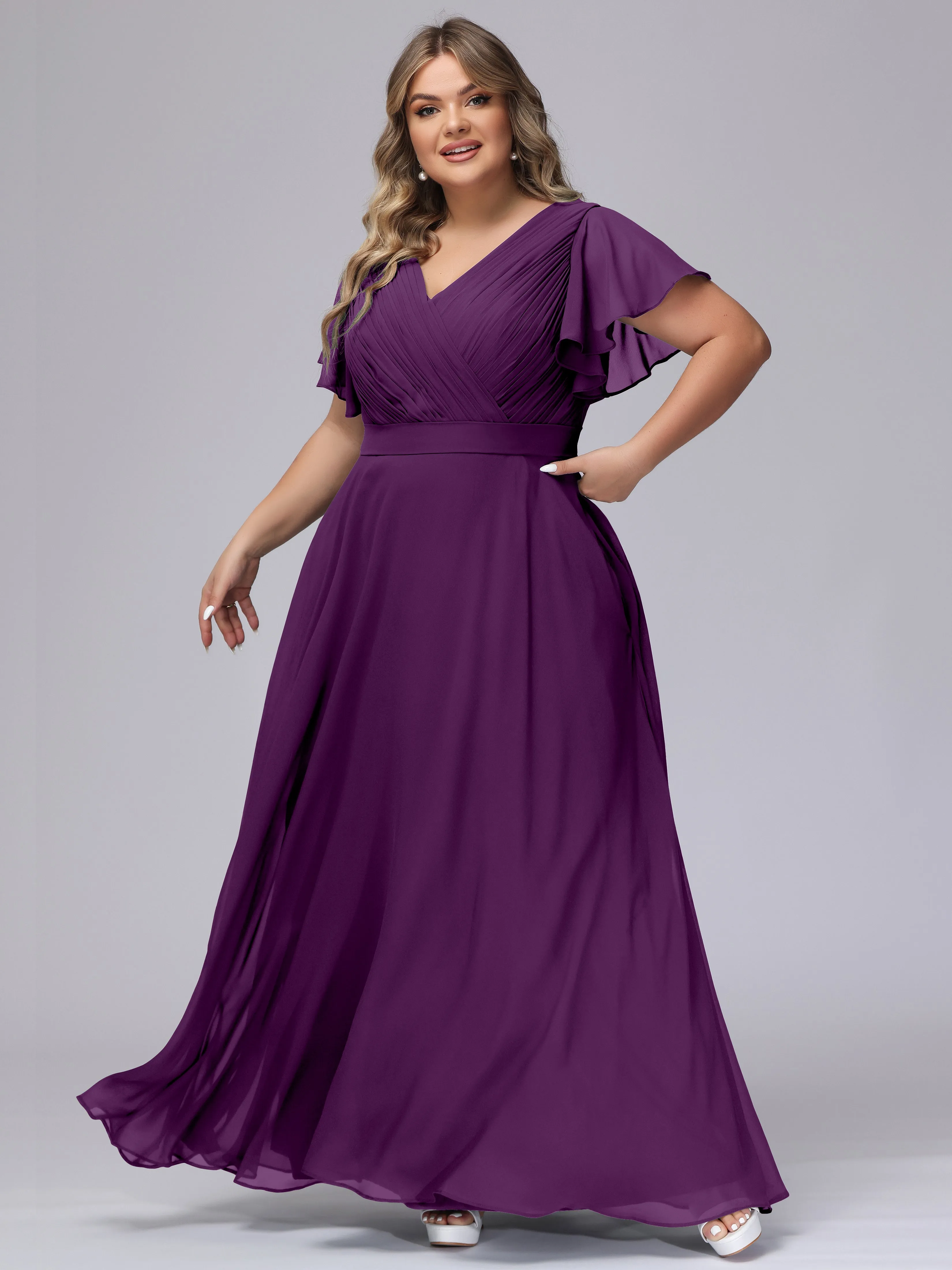 Elegant V-neck Ruffle Sleeves Empire Plus Size Bridesmaid Dress