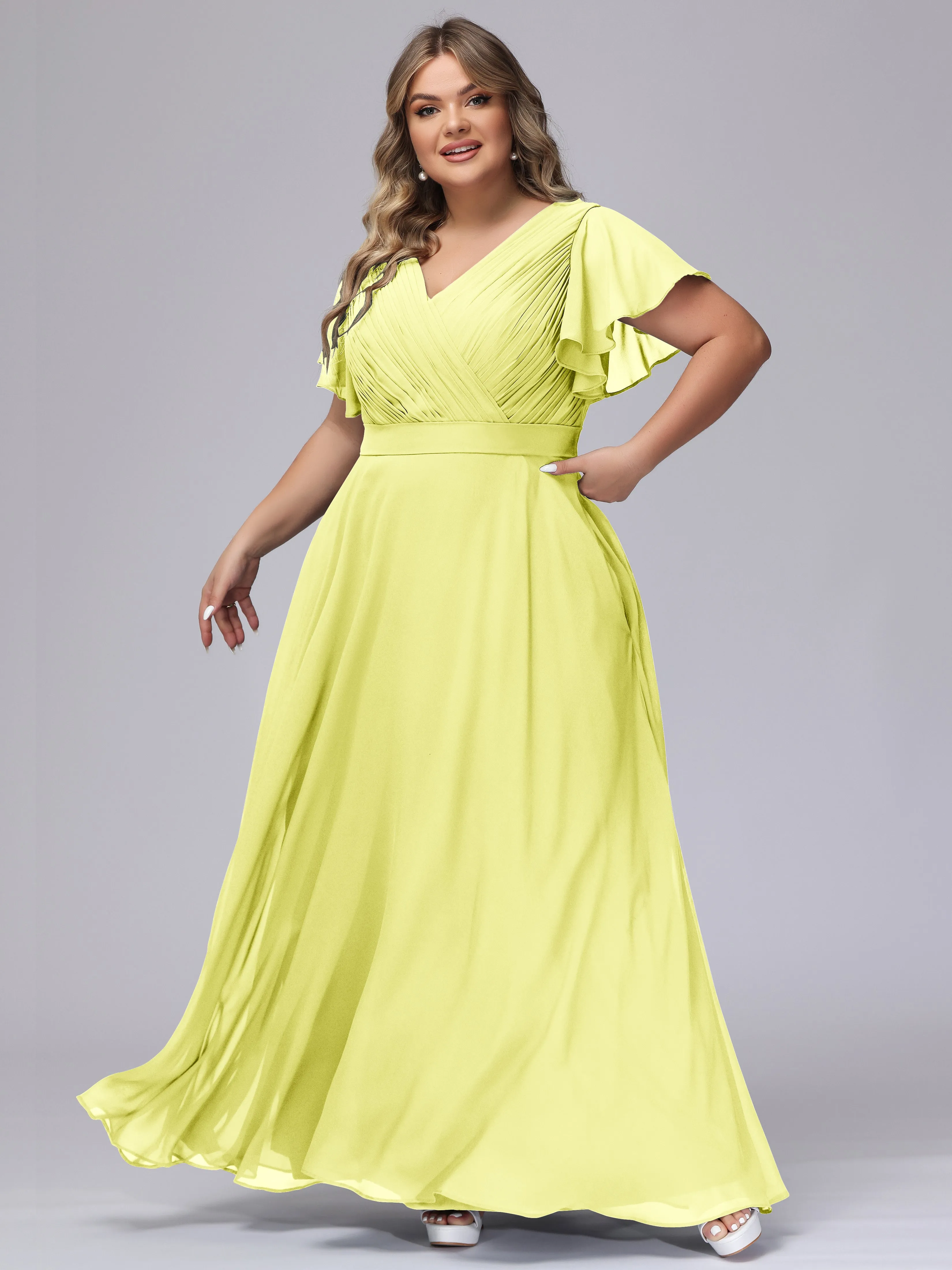 Elegant V-neck Ruffle Sleeves Empire Plus Size Bridesmaid Dress