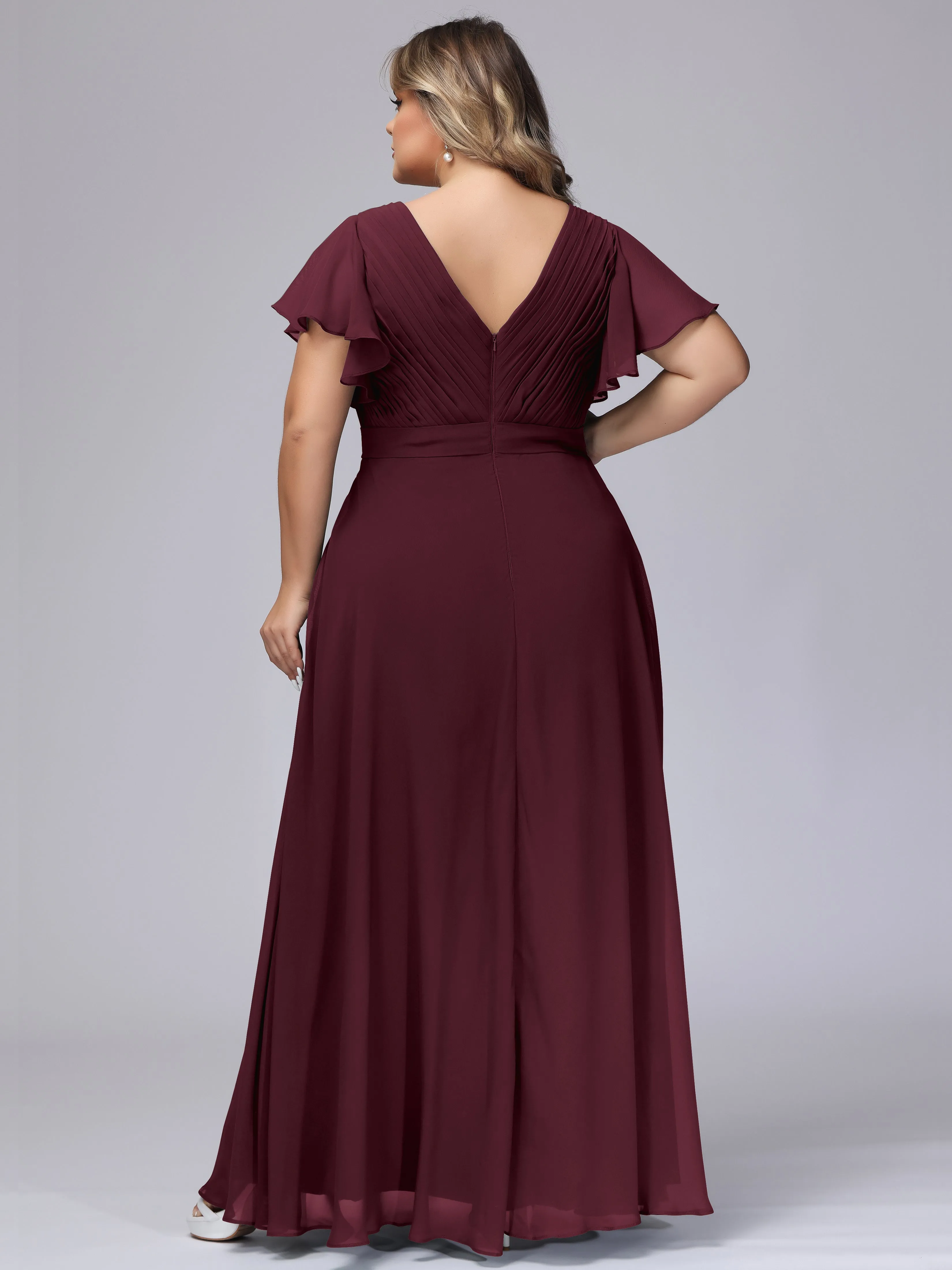 Elegant V-neck Ruffle Sleeves Empire Plus Size Bridesmaid Dress