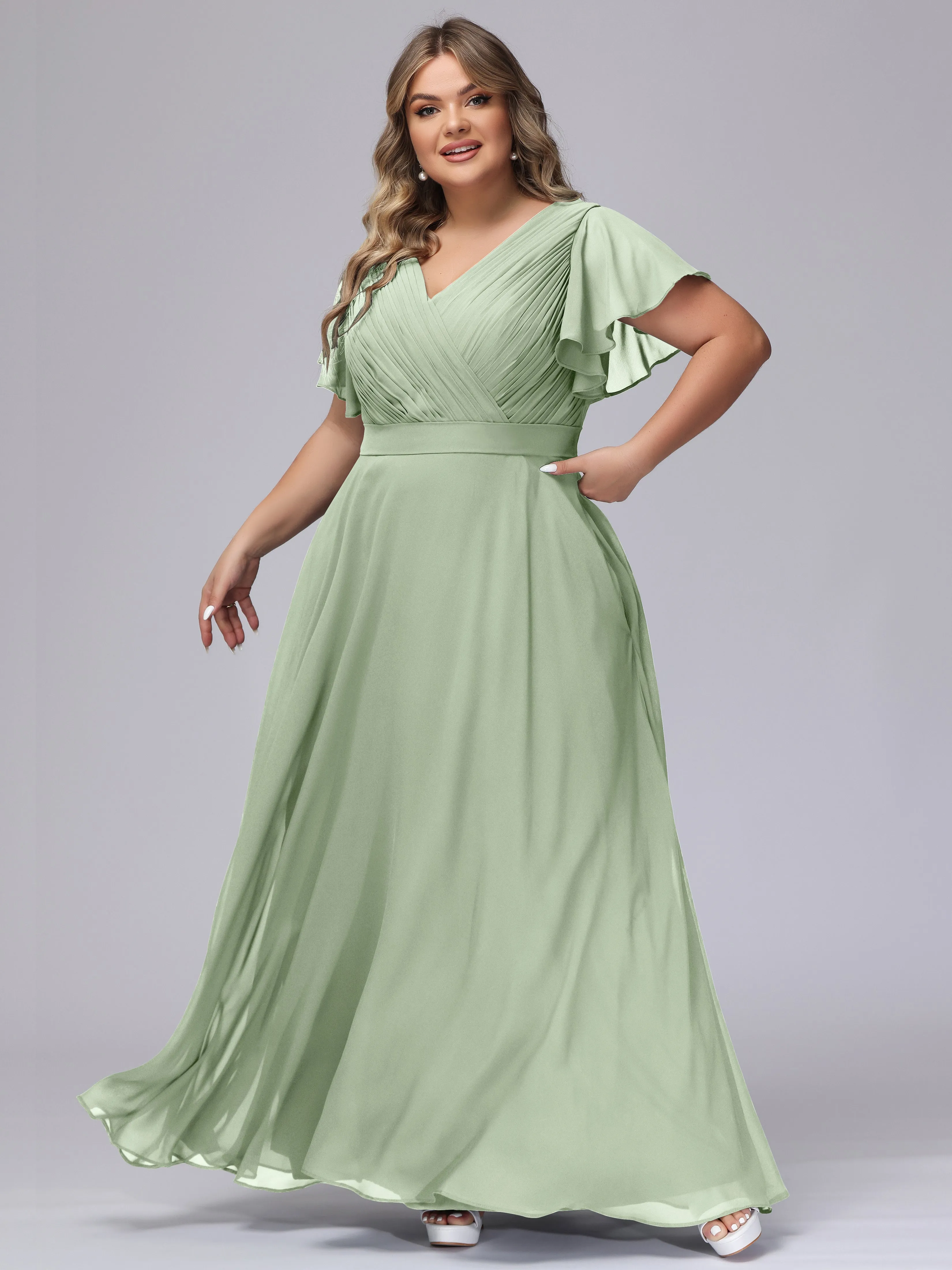 Elegant V-neck Ruffle Sleeves Empire Plus Size Bridesmaid Dress