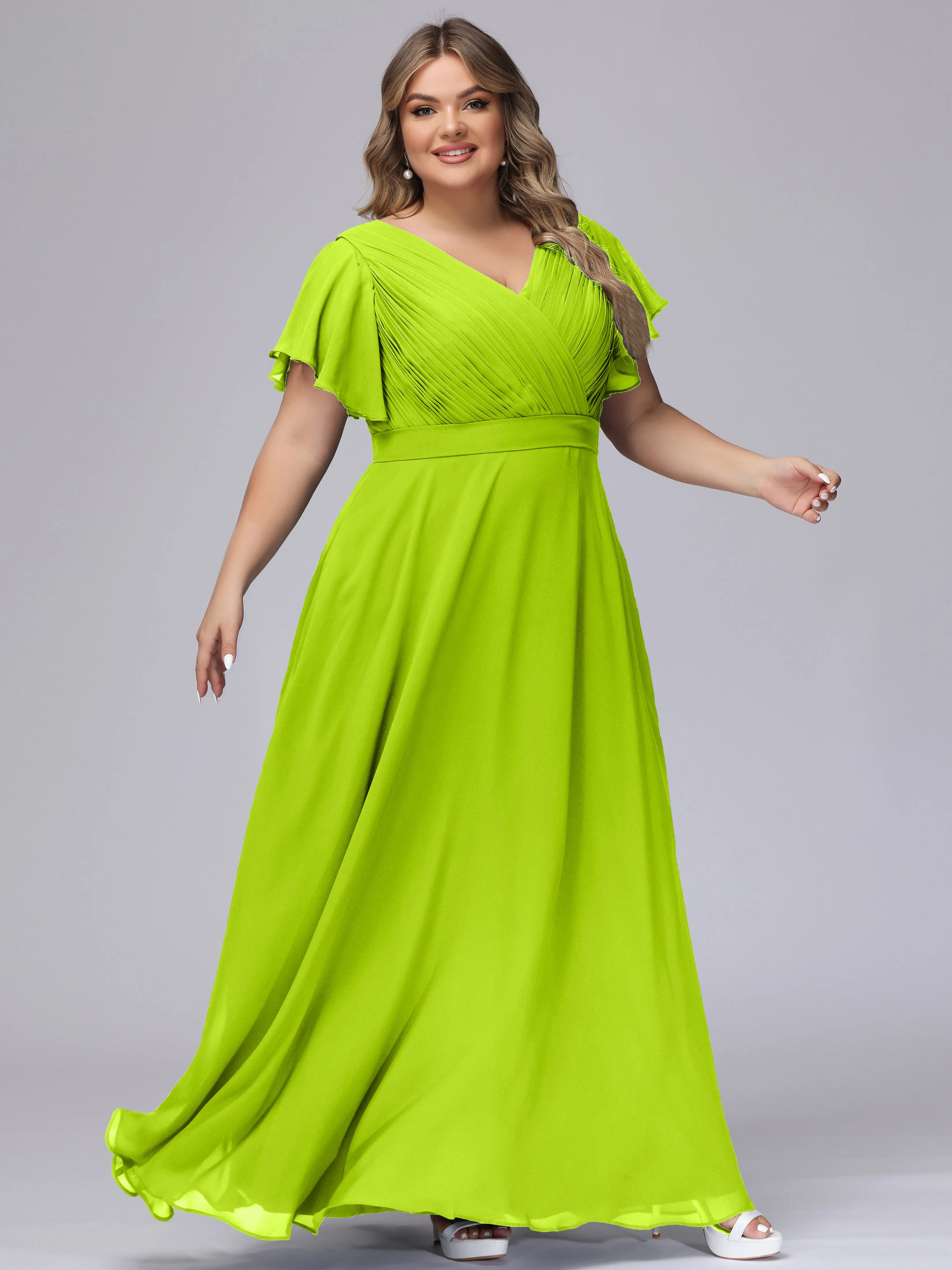 Elegant V-neck Ruffle Sleeves Empire Plus Size Bridesmaid Dress