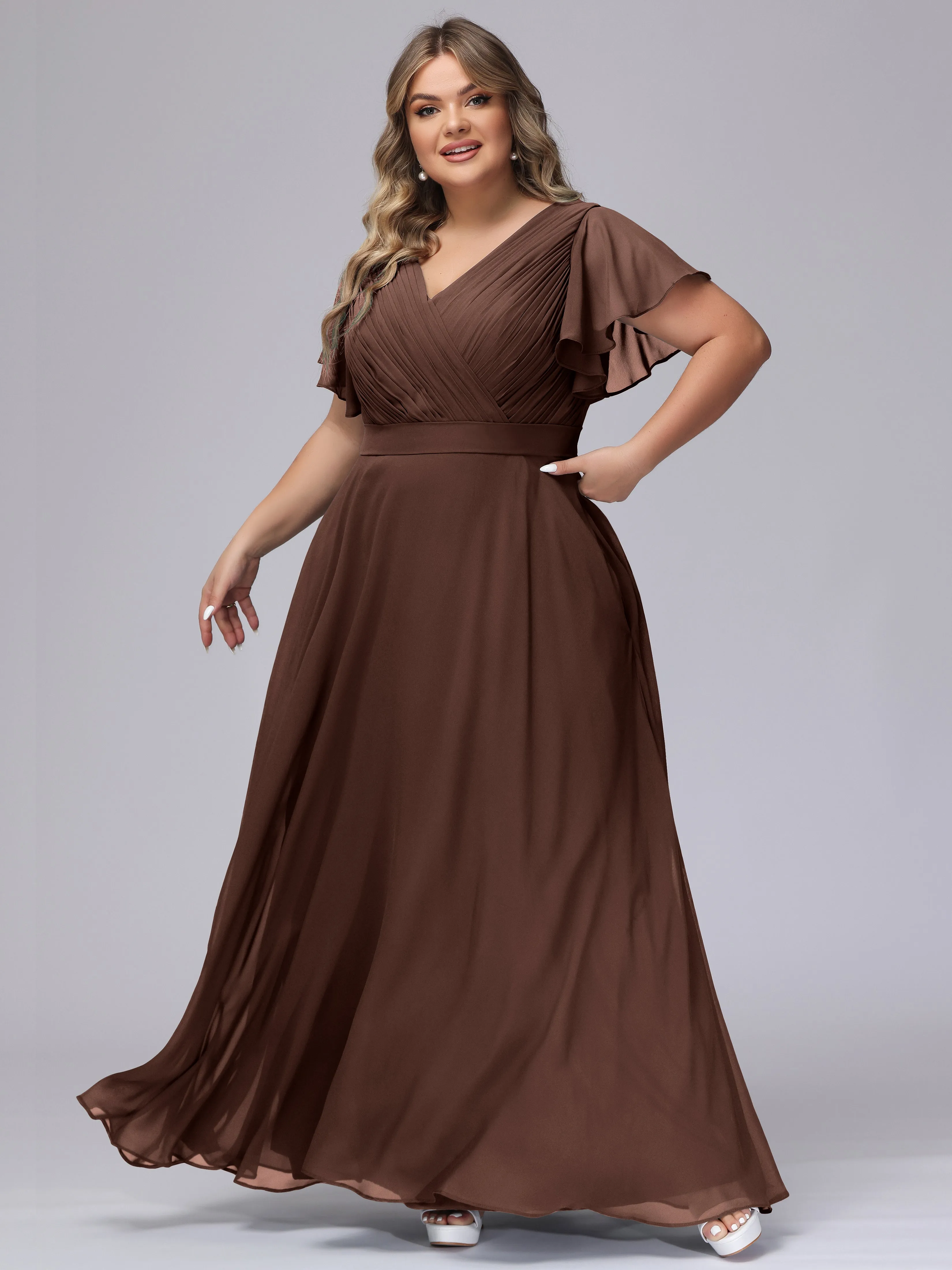 Elegant V-neck Ruffle Sleeves Empire Plus Size Bridesmaid Dress