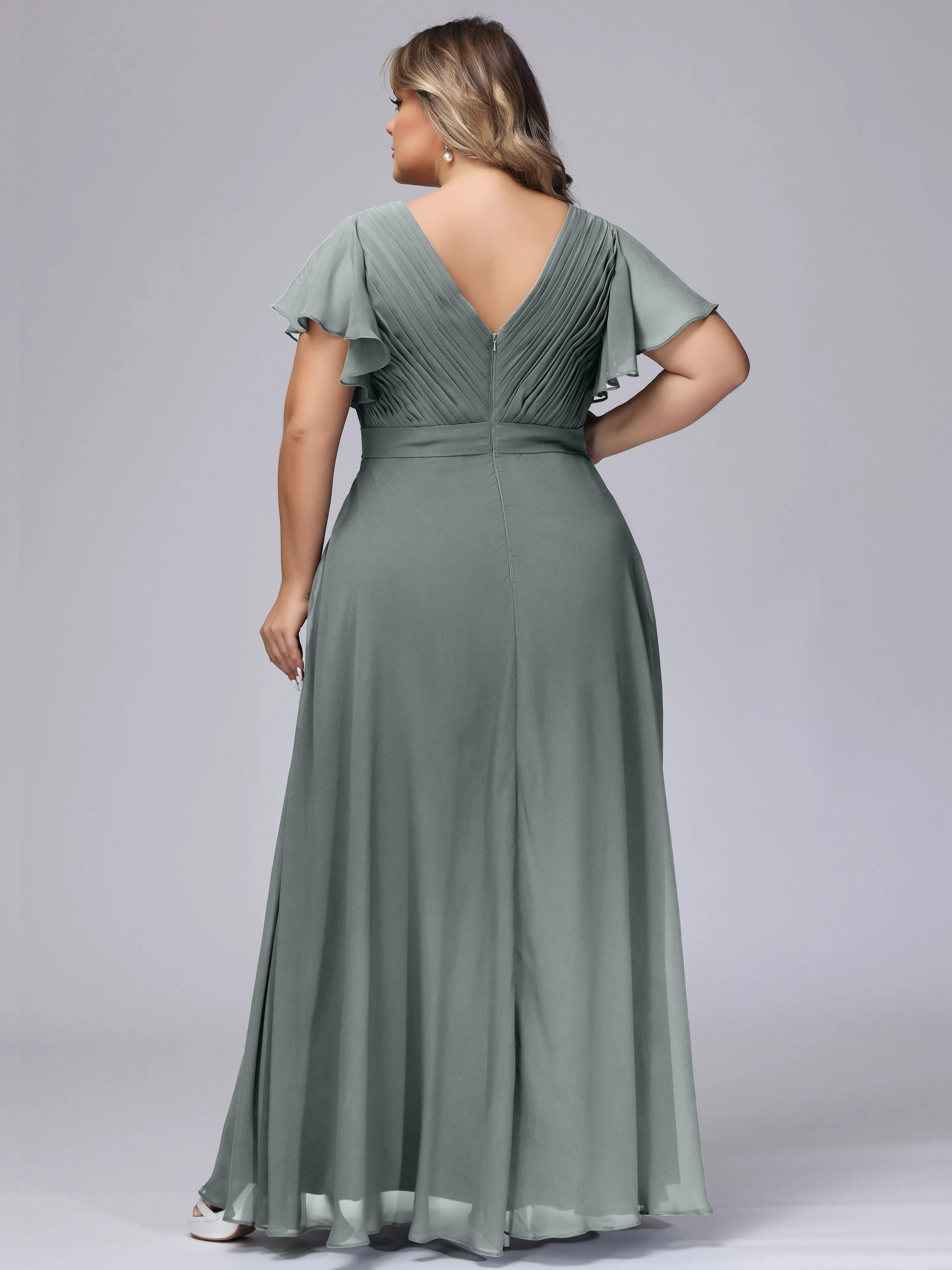 Elegant V-neck Ruffle Sleeves Empire Plus Size Bridesmaid Dress