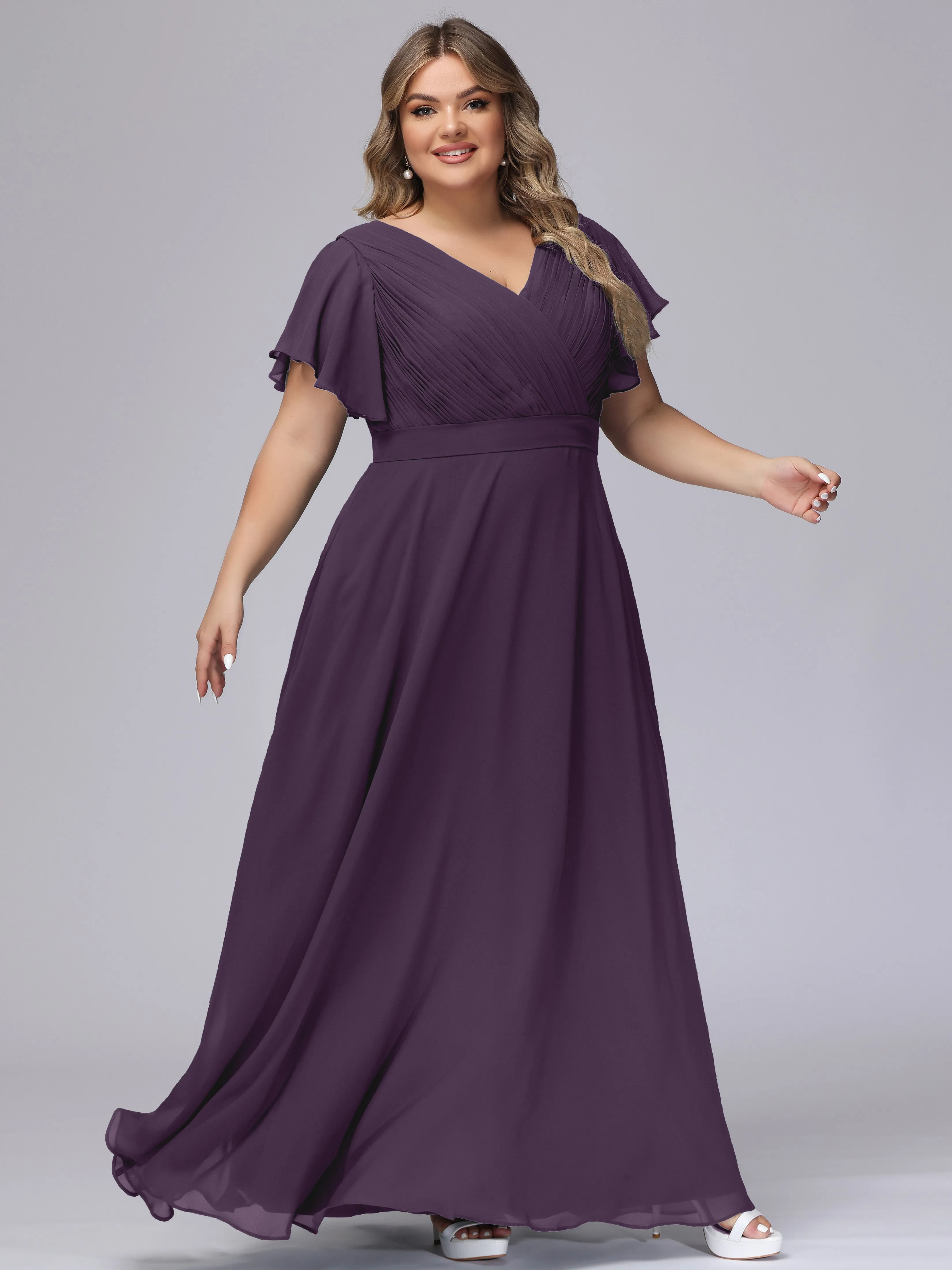 Elegant V-neck Ruffle Sleeves Empire Plus Size Bridesmaid Dress