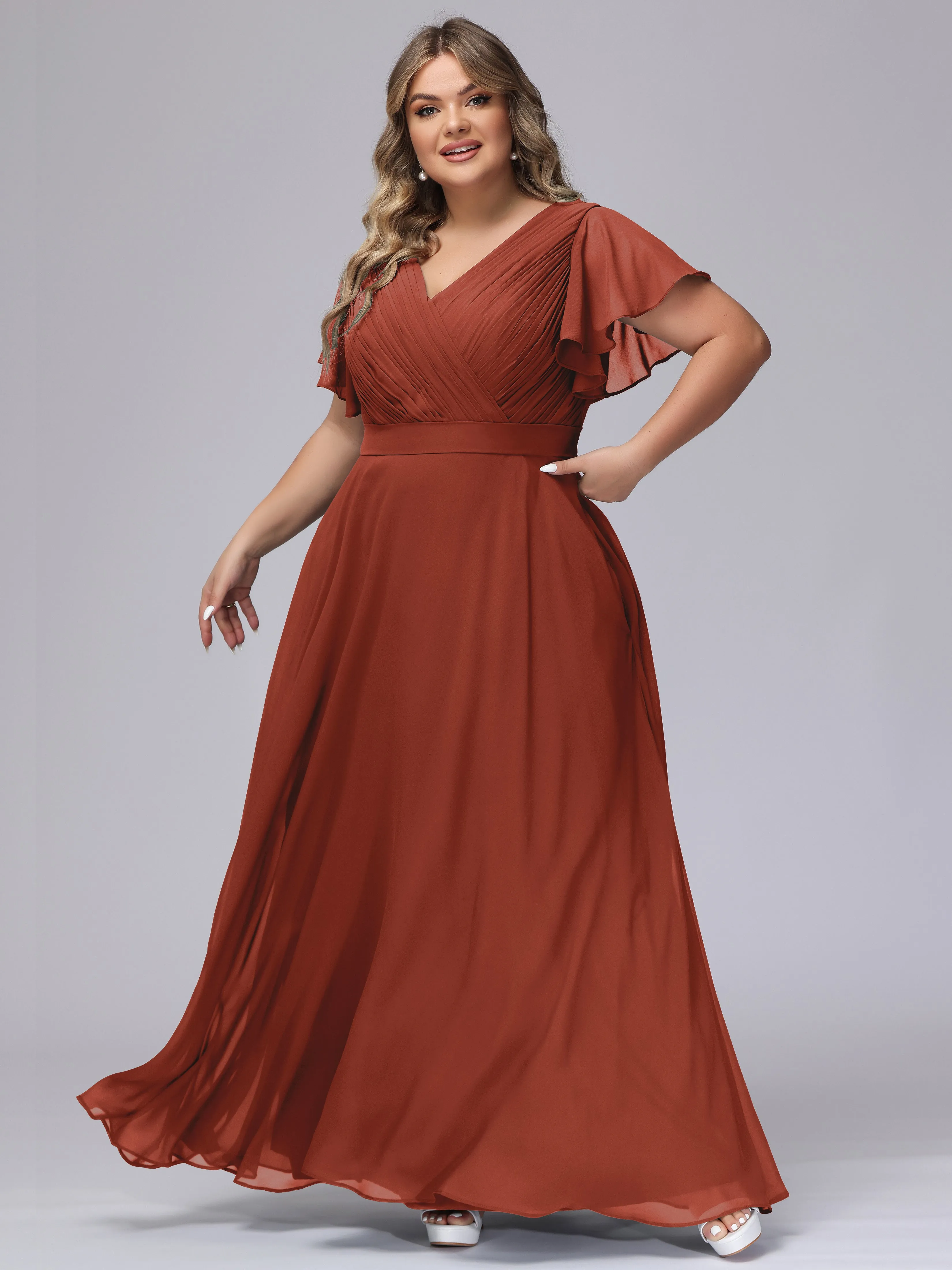 Elegant V-neck Ruffle Sleeves Empire Plus Size Bridesmaid Dress