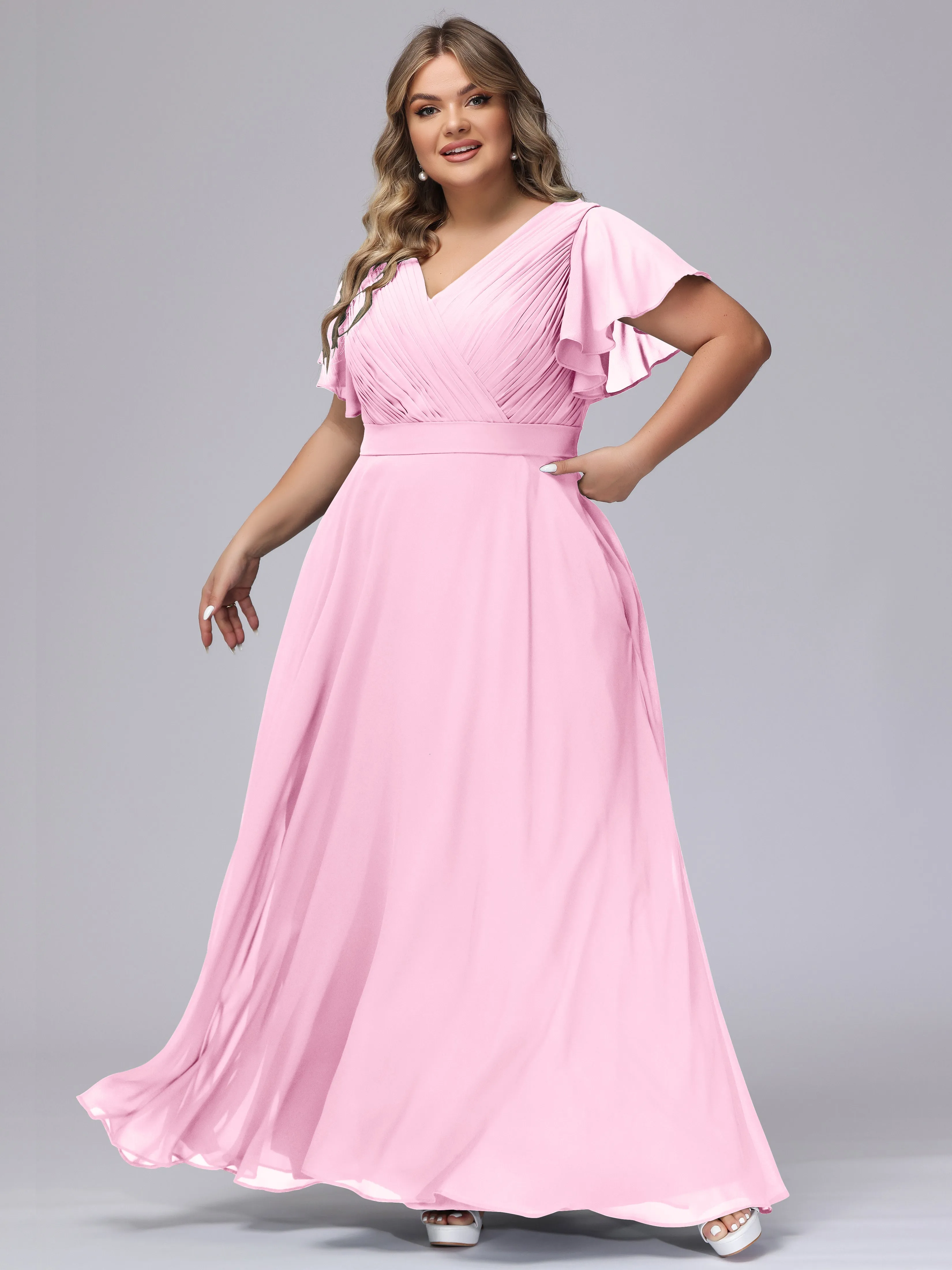 Elegant V-neck Ruffle Sleeves Empire Plus Size Bridesmaid Dress