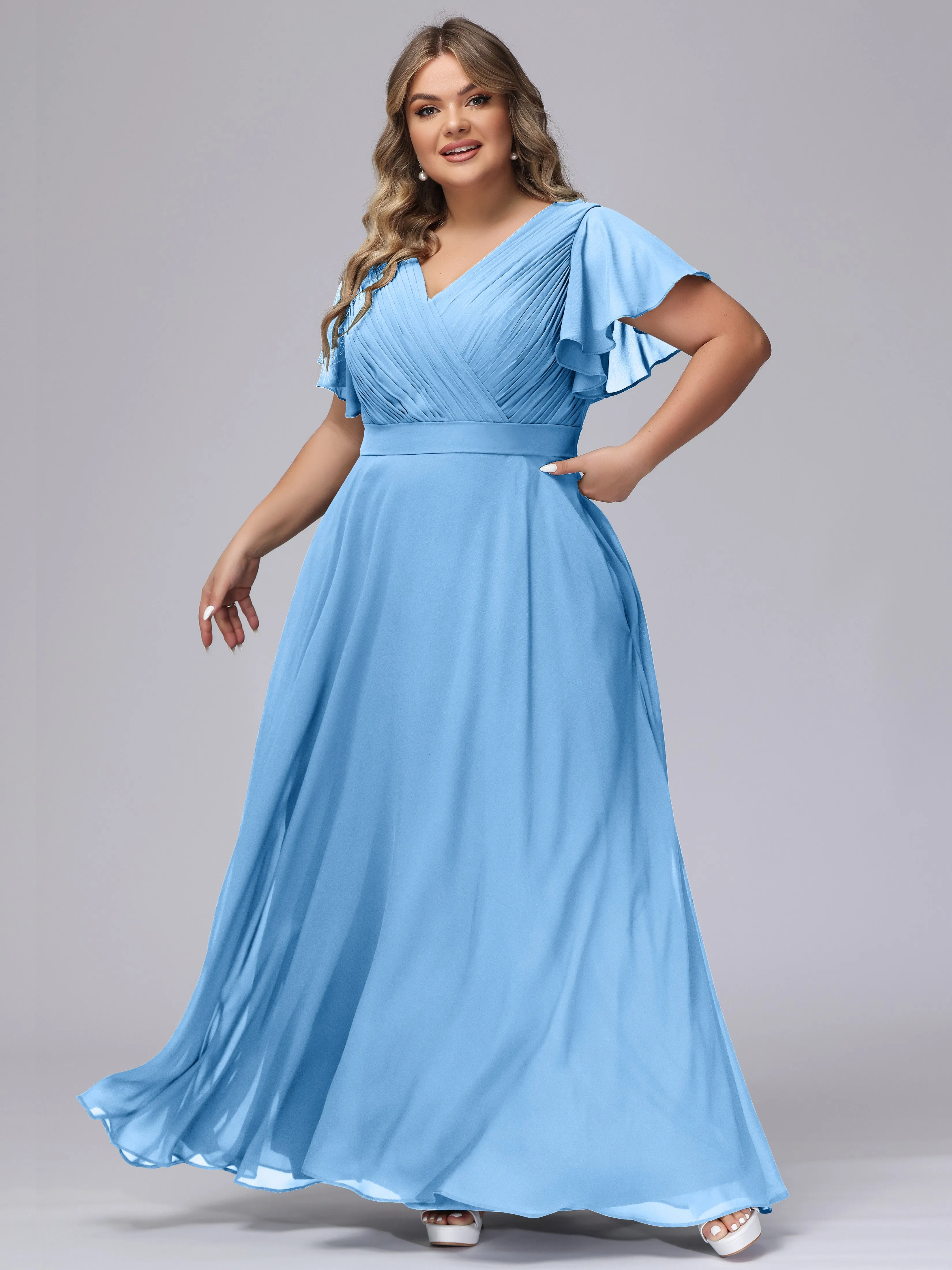 Elegant V-neck Ruffle Sleeves Empire Plus Size Bridesmaid Dress