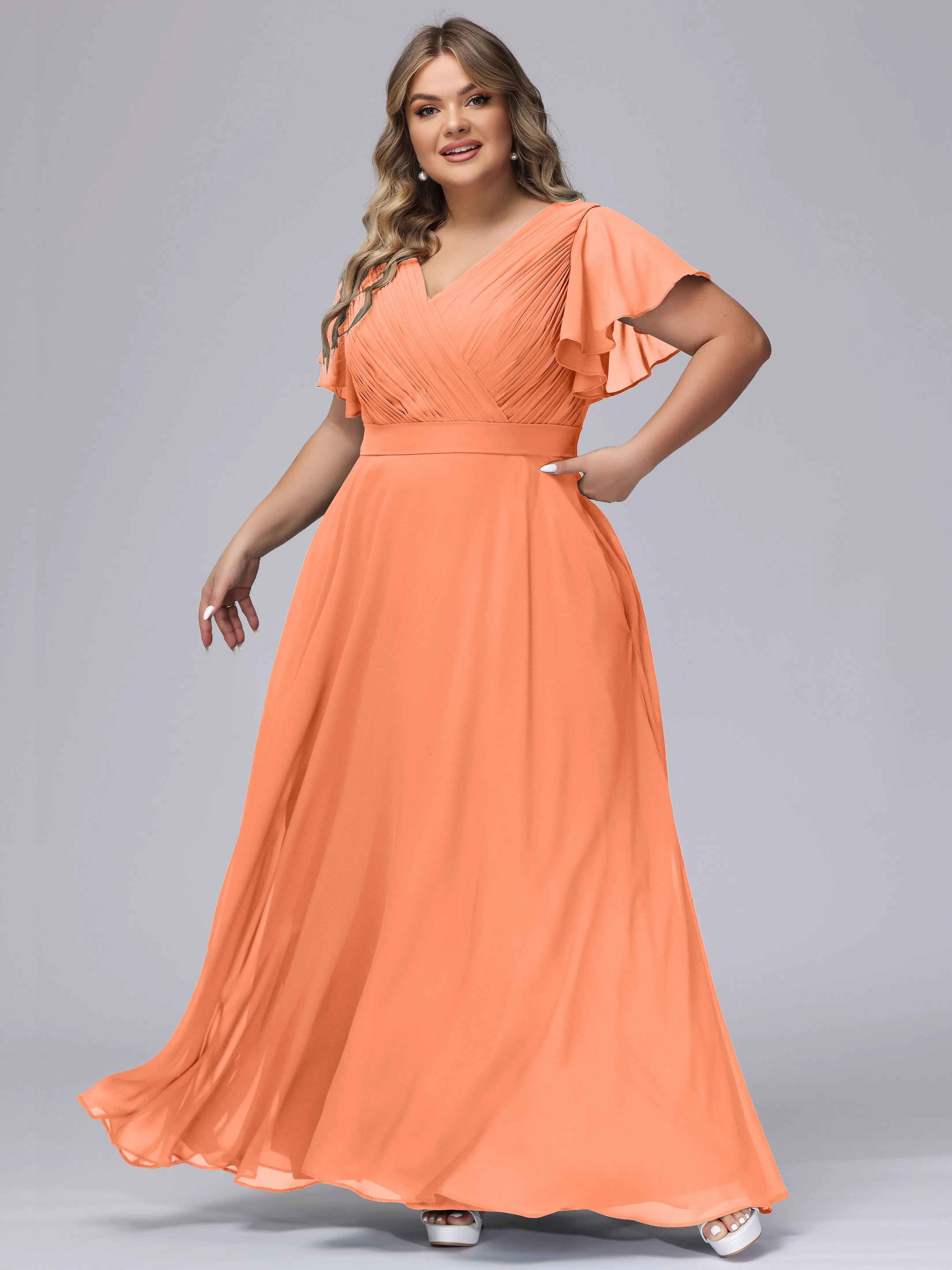 Elegant V-neck Ruffle Sleeves Empire Plus Size Bridesmaid Dress