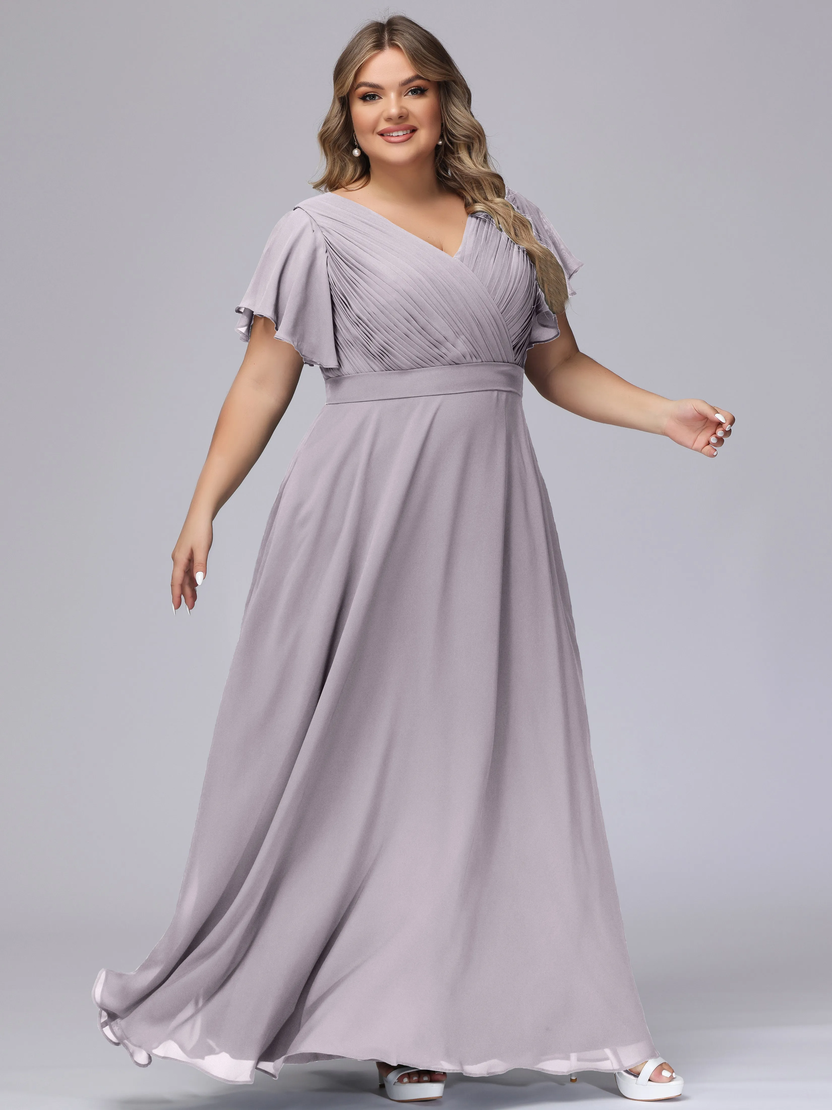 Elegant V-neck Ruffle Sleeves Empire Plus Size Bridesmaid Dress
