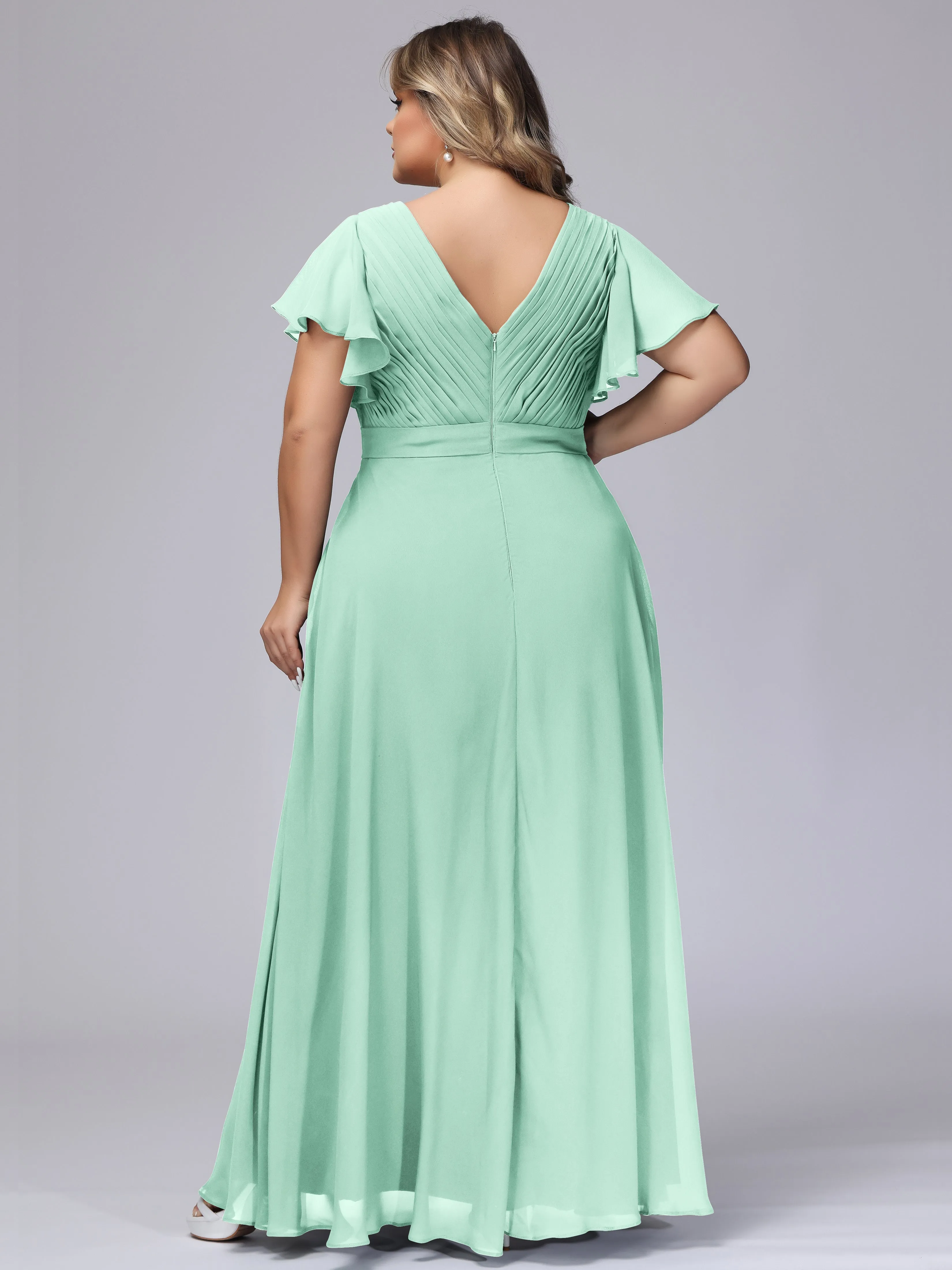 Elegant V-neck Ruffle Sleeves Empire Plus Size Bridesmaid Dress