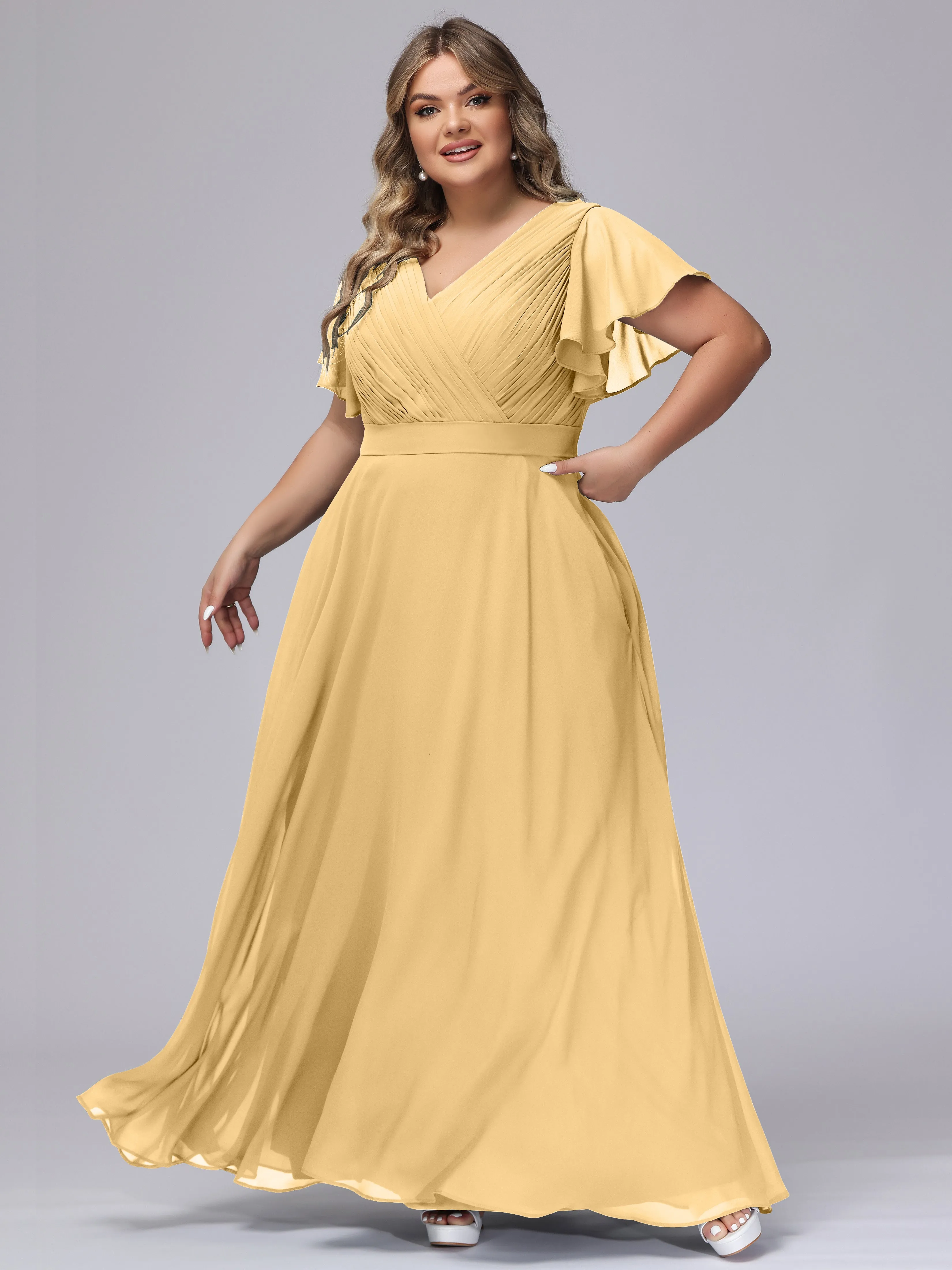 Elegant V-neck Ruffle Sleeves Empire Plus Size Bridesmaid Dress