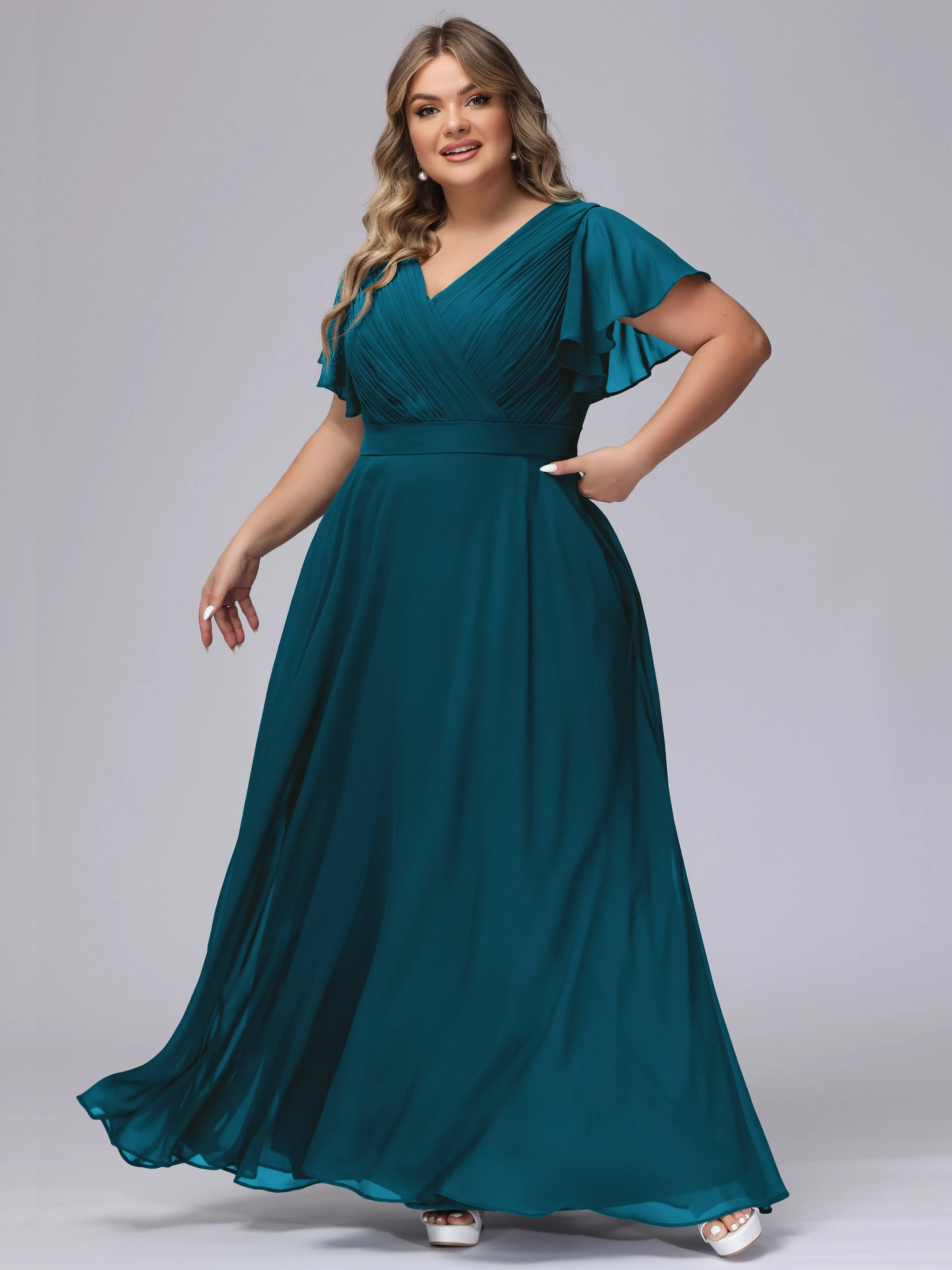 Elegant V-neck Ruffle Sleeves Empire Plus Size Bridesmaid Dress