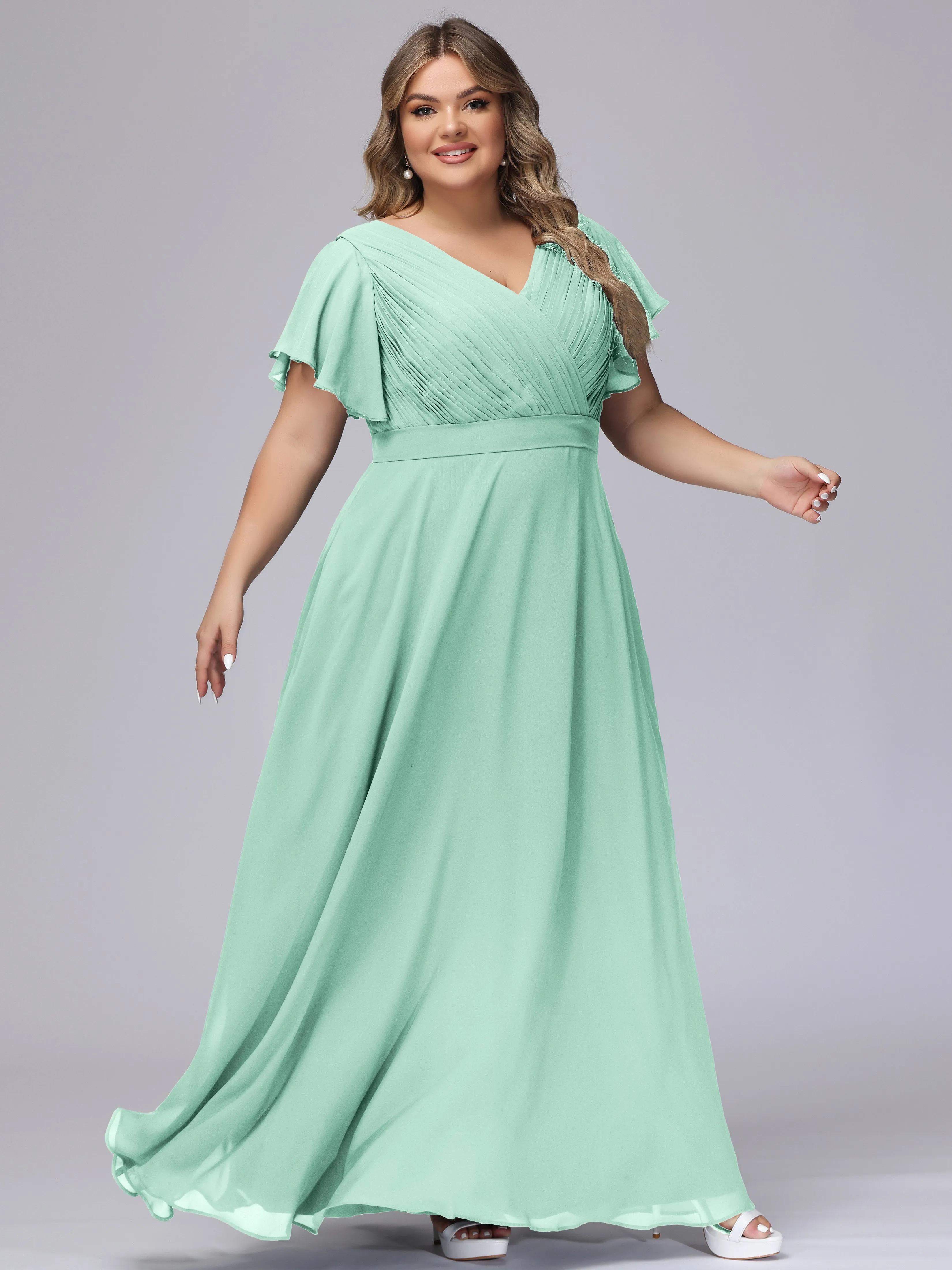 Elegant V-neck Ruffle Sleeves Empire Plus Size Bridesmaid Dress