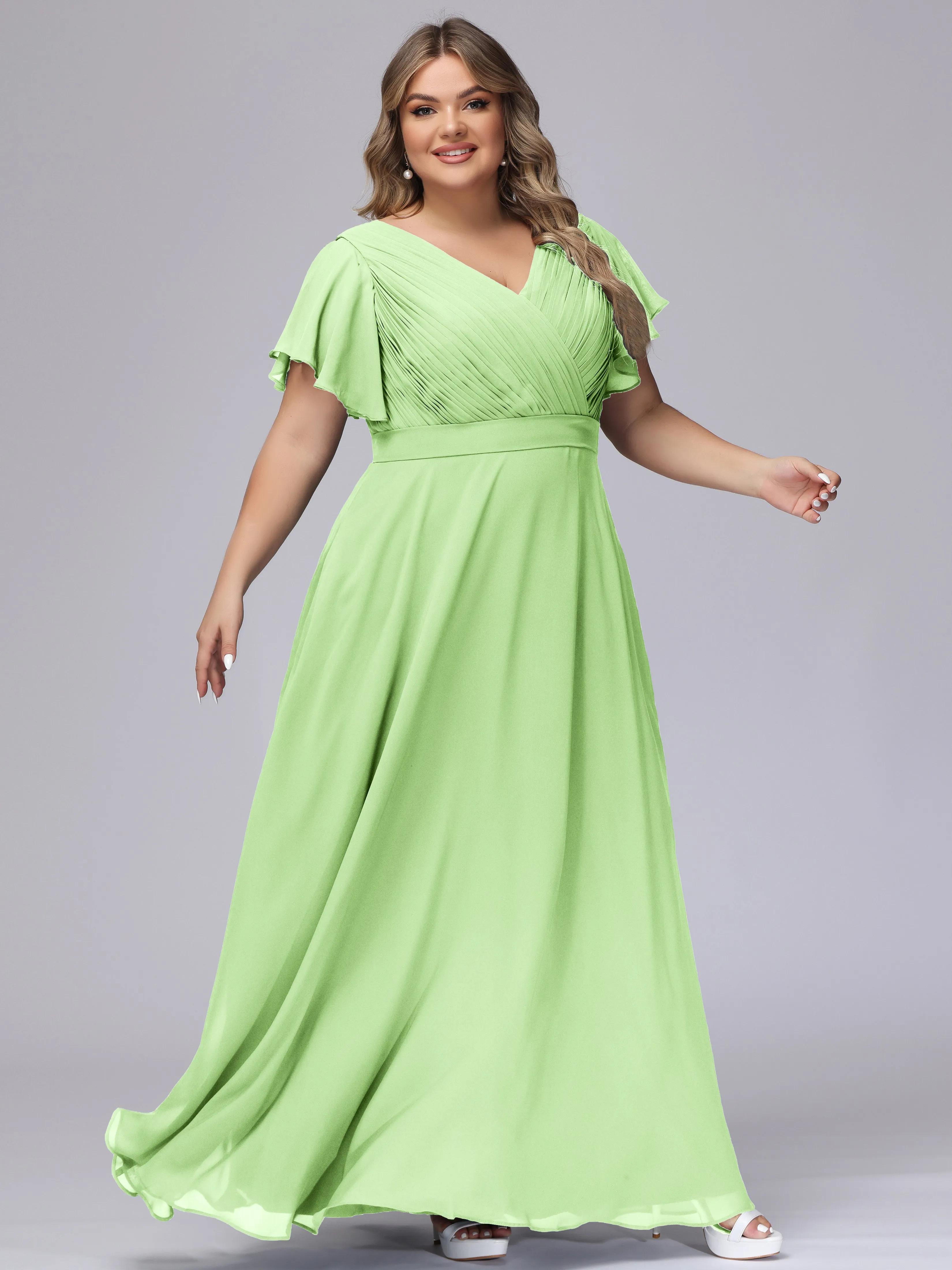 Elegant V-neck Ruffle Sleeves Empire Plus Size Bridesmaid Dress