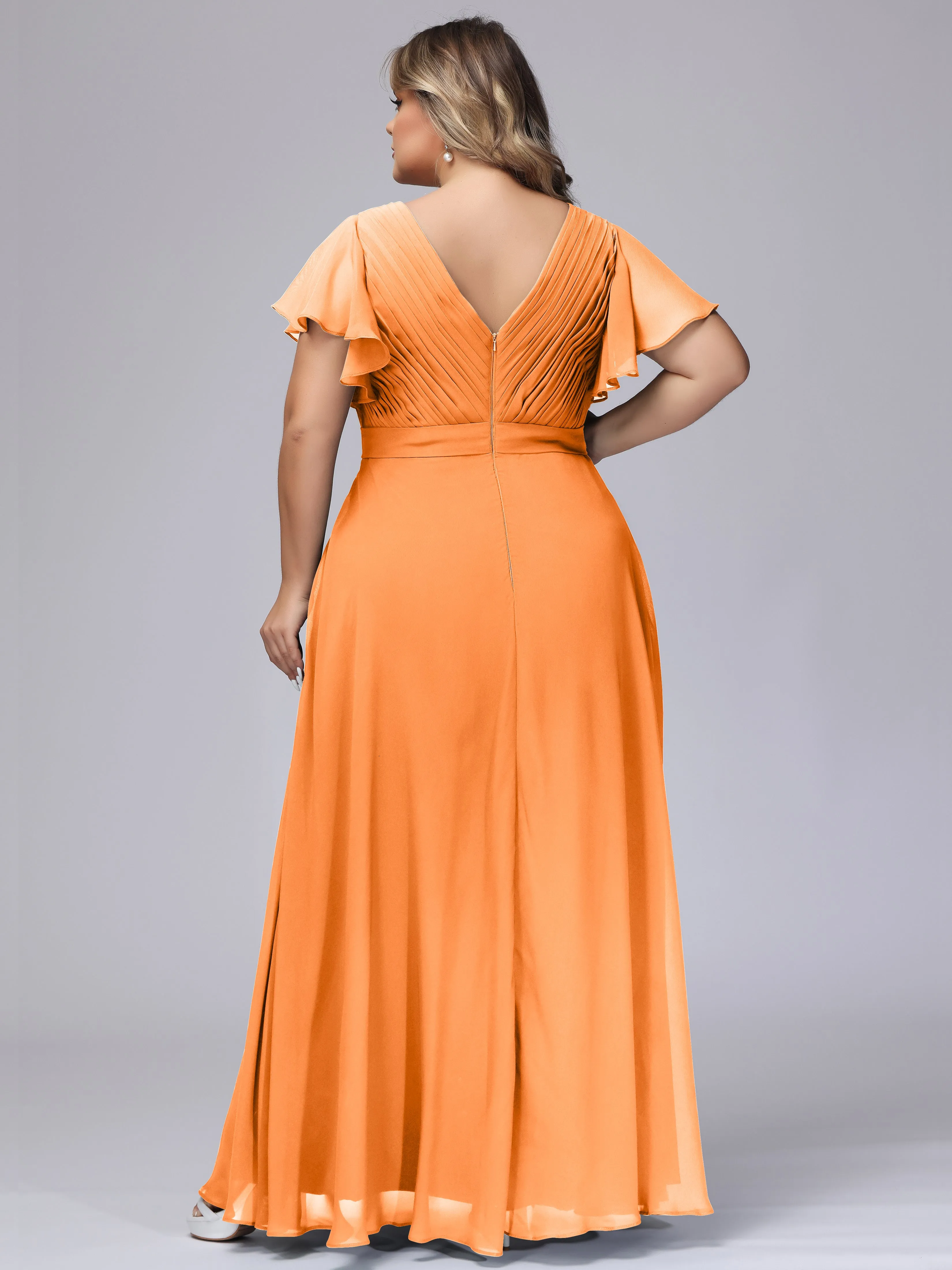Elegant V-neck Ruffle Sleeves Empire Plus Size Bridesmaid Dress
