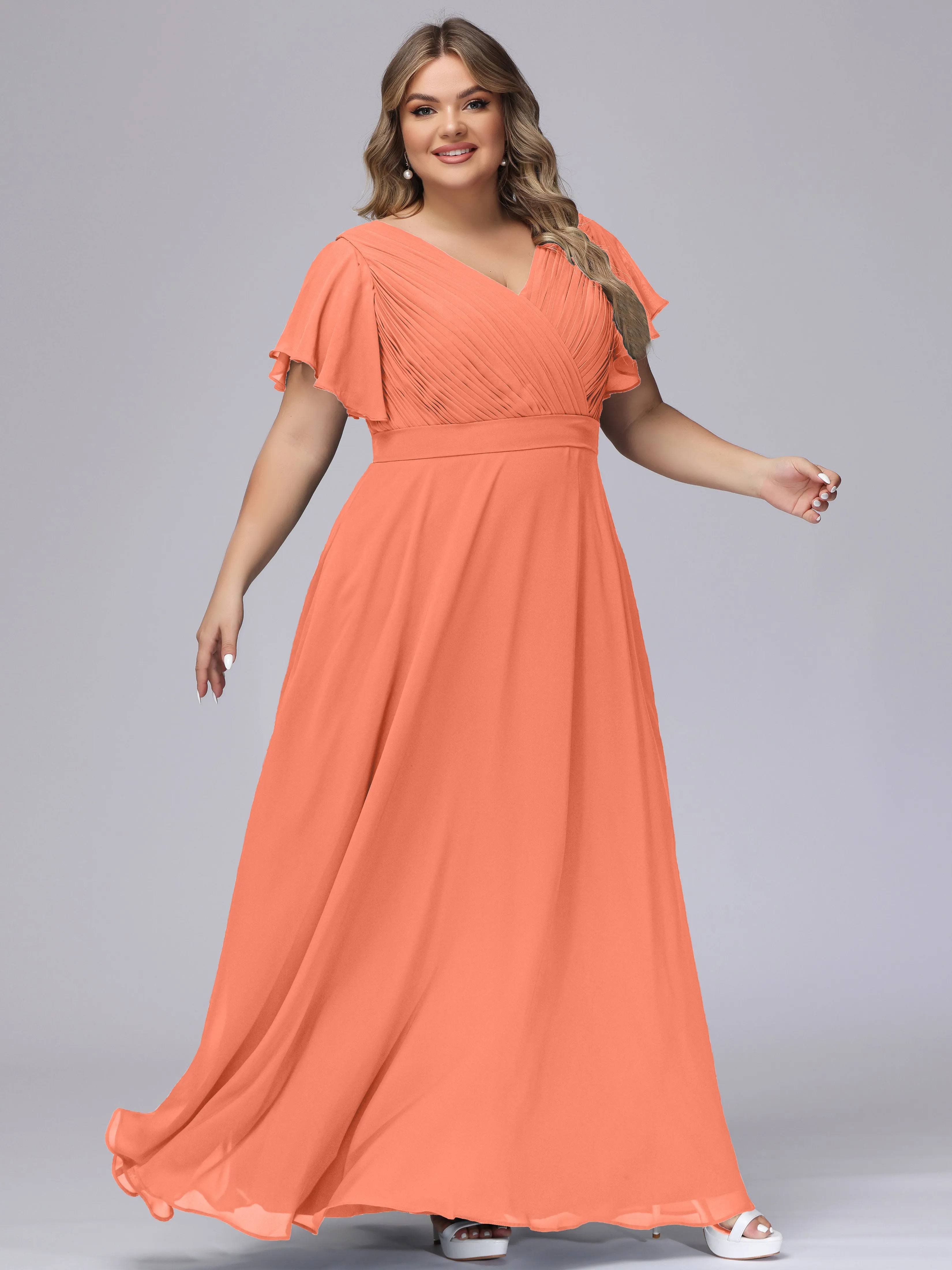 Elegant V-neck Ruffle Sleeves Empire Plus Size Bridesmaid Dress