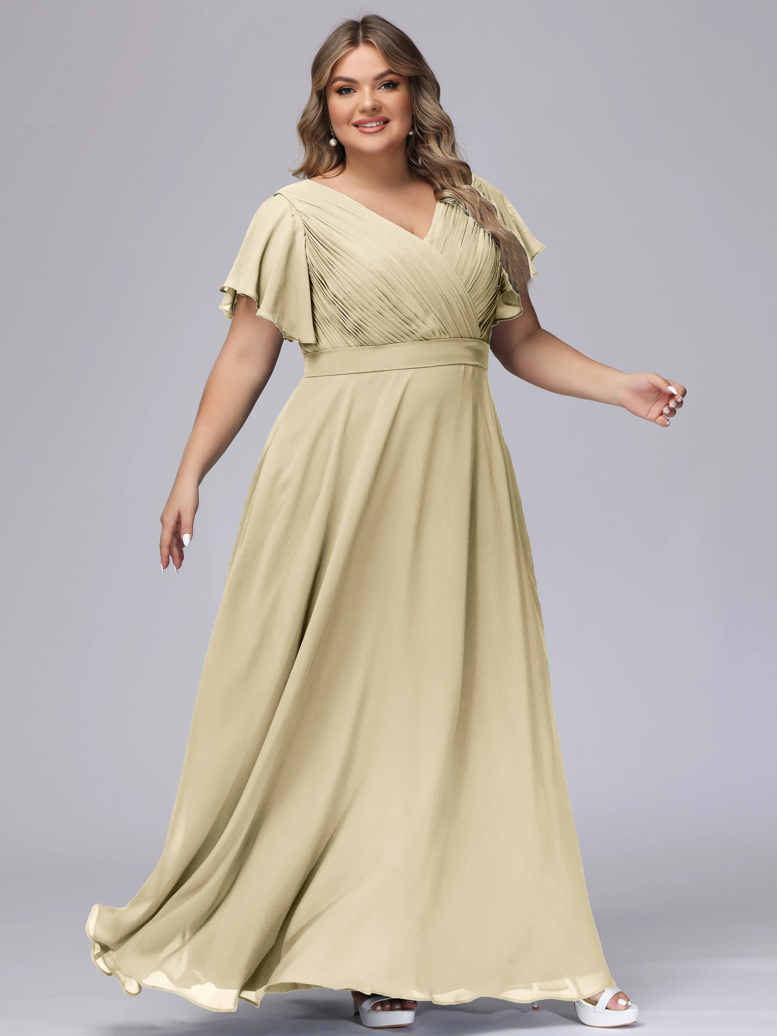 Elegant V-neck Ruffle Sleeves Empire Plus Size Bridesmaid Dress