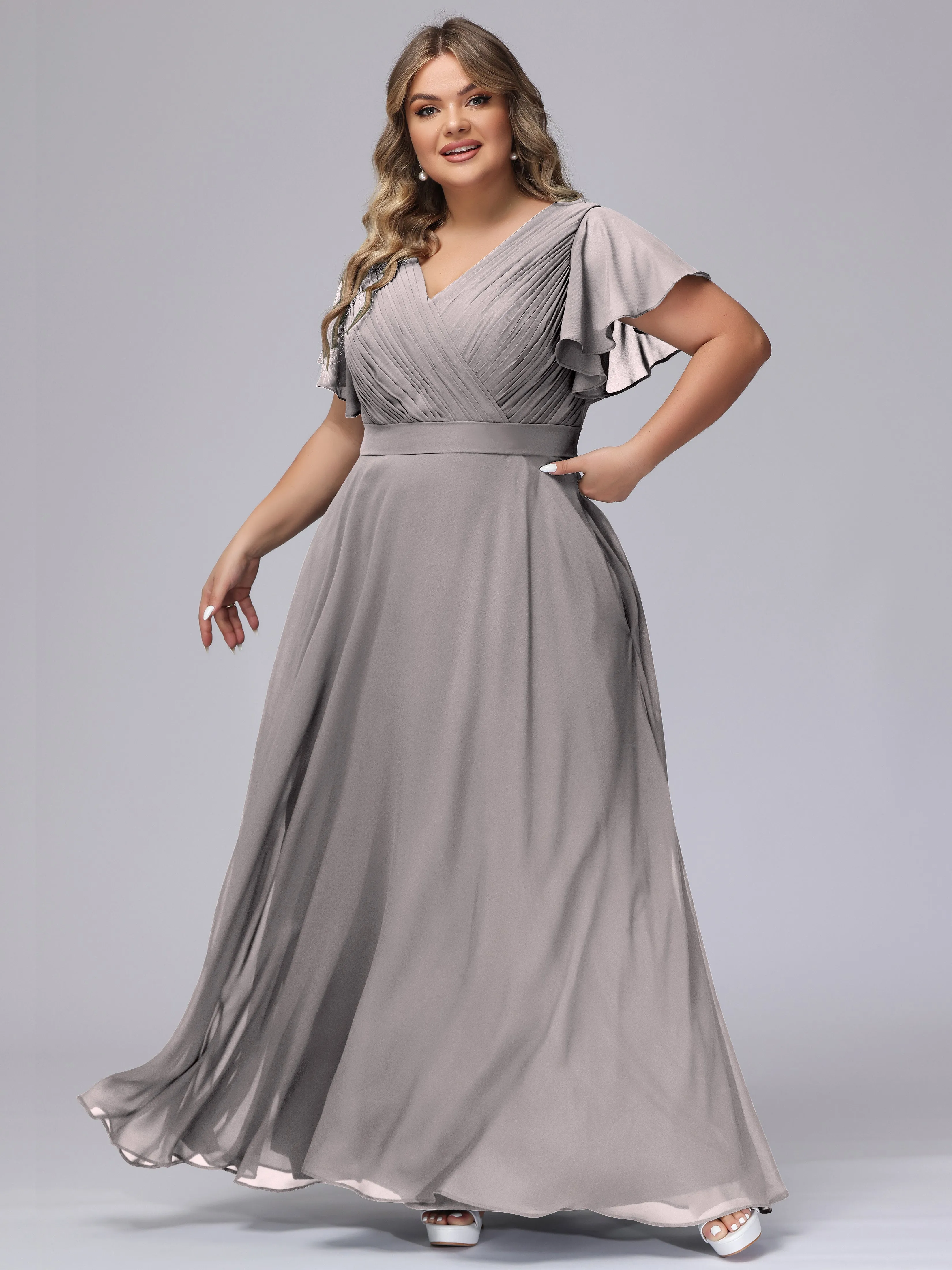 Elegant V-neck Ruffle Sleeves Empire Plus Size Bridesmaid Dress