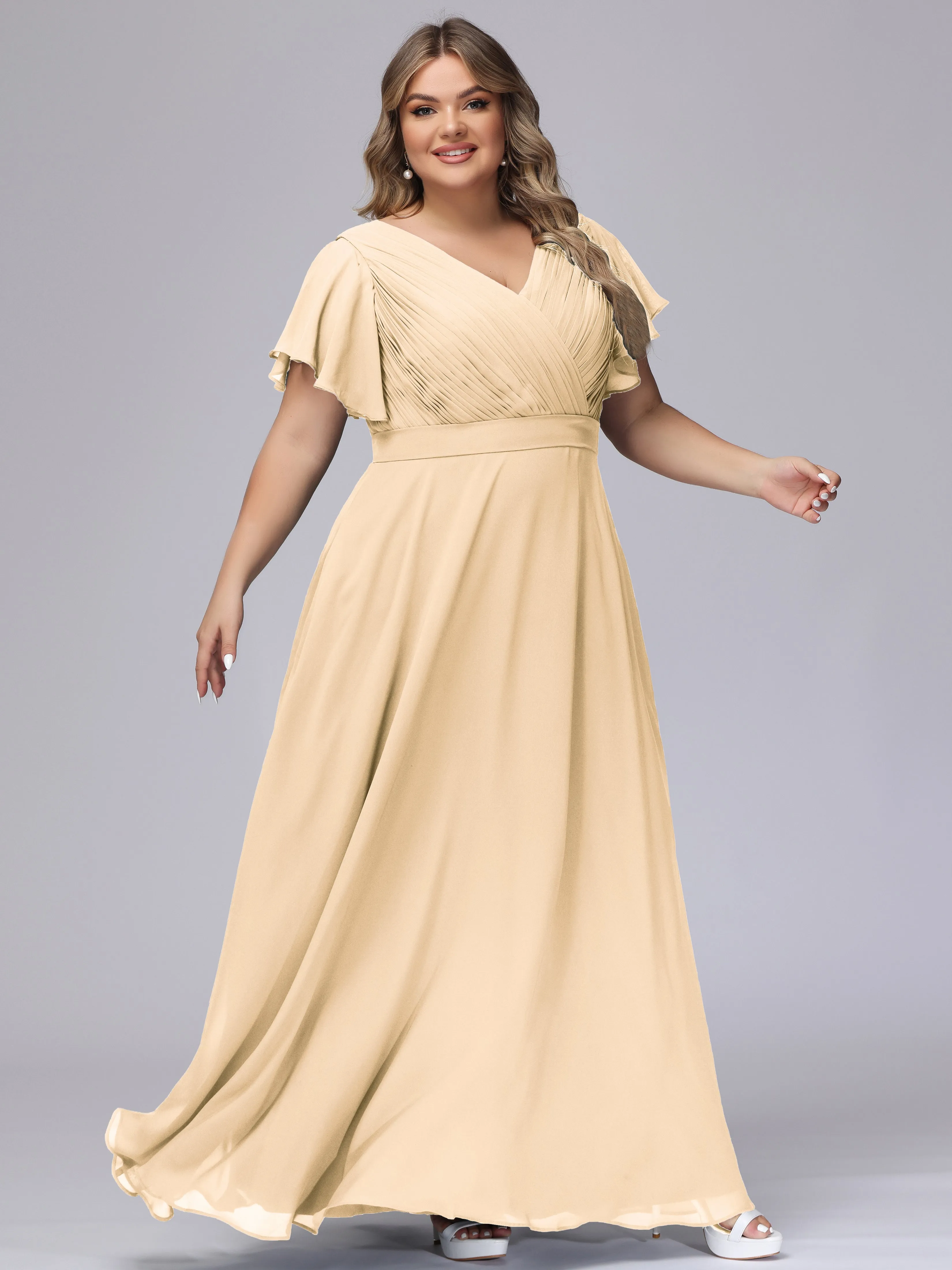 Elegant V-neck Ruffle Sleeves Empire Plus Size Bridesmaid Dress