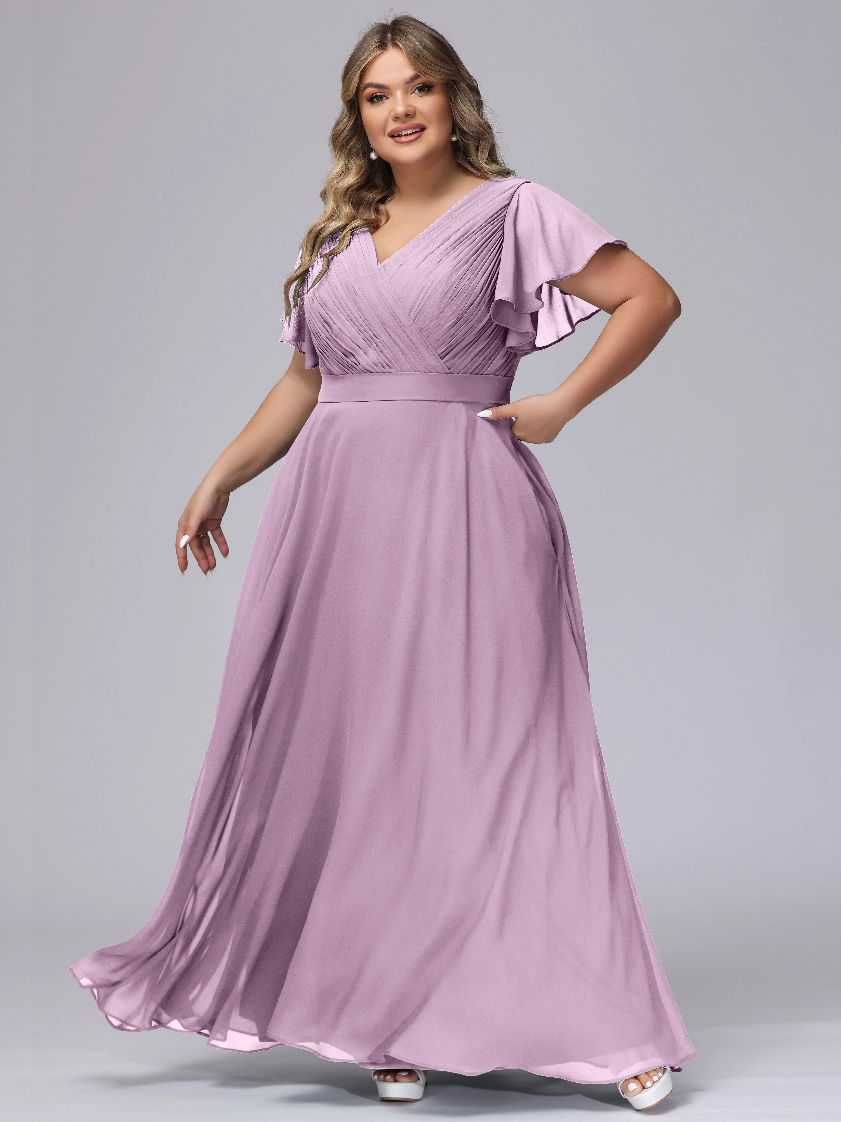 Elegant V-neck Ruffle Sleeves Empire Plus Size Bridesmaid Dress