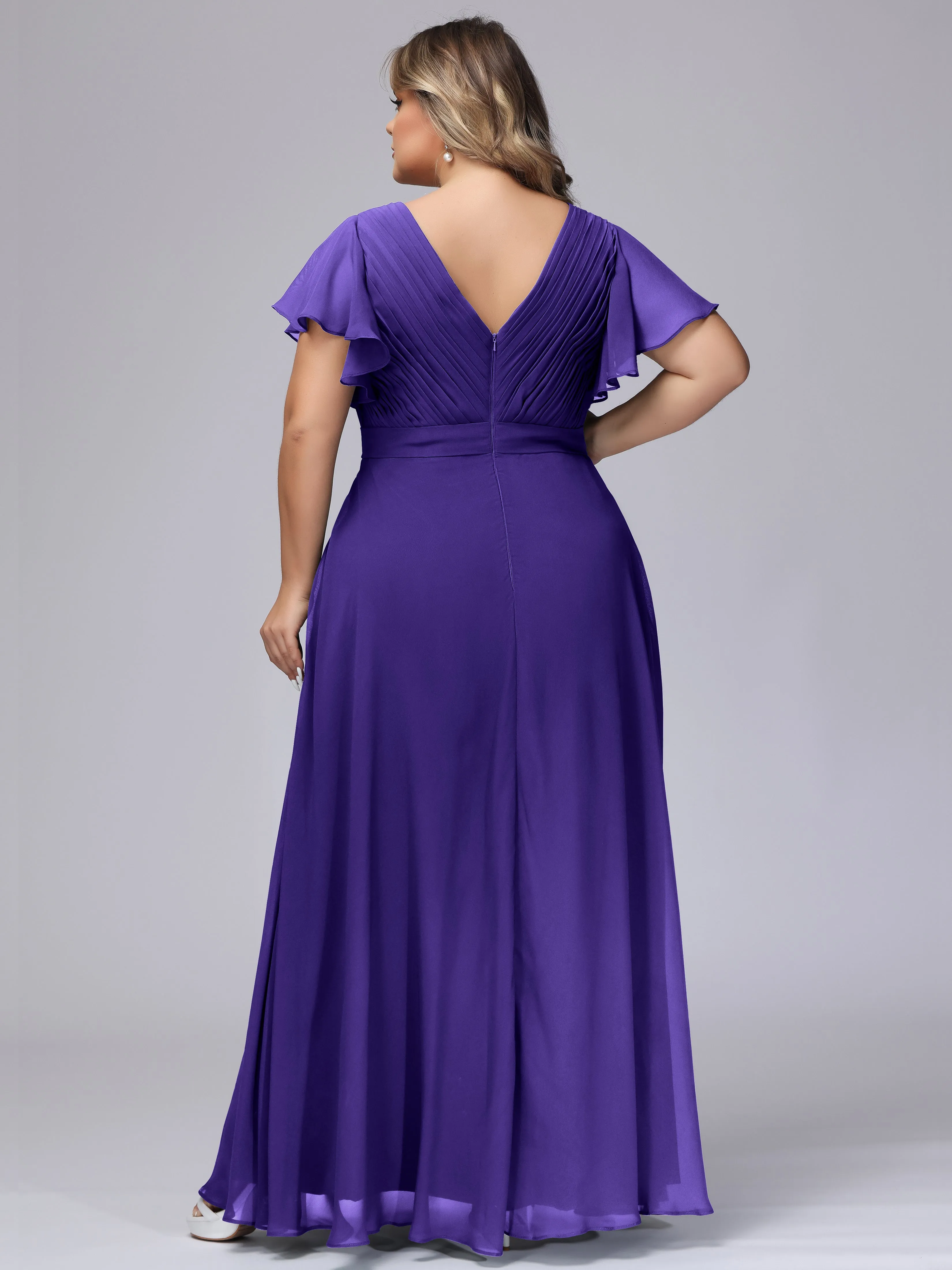 Elegant V-neck Ruffle Sleeves Empire Plus Size Bridesmaid Dress
