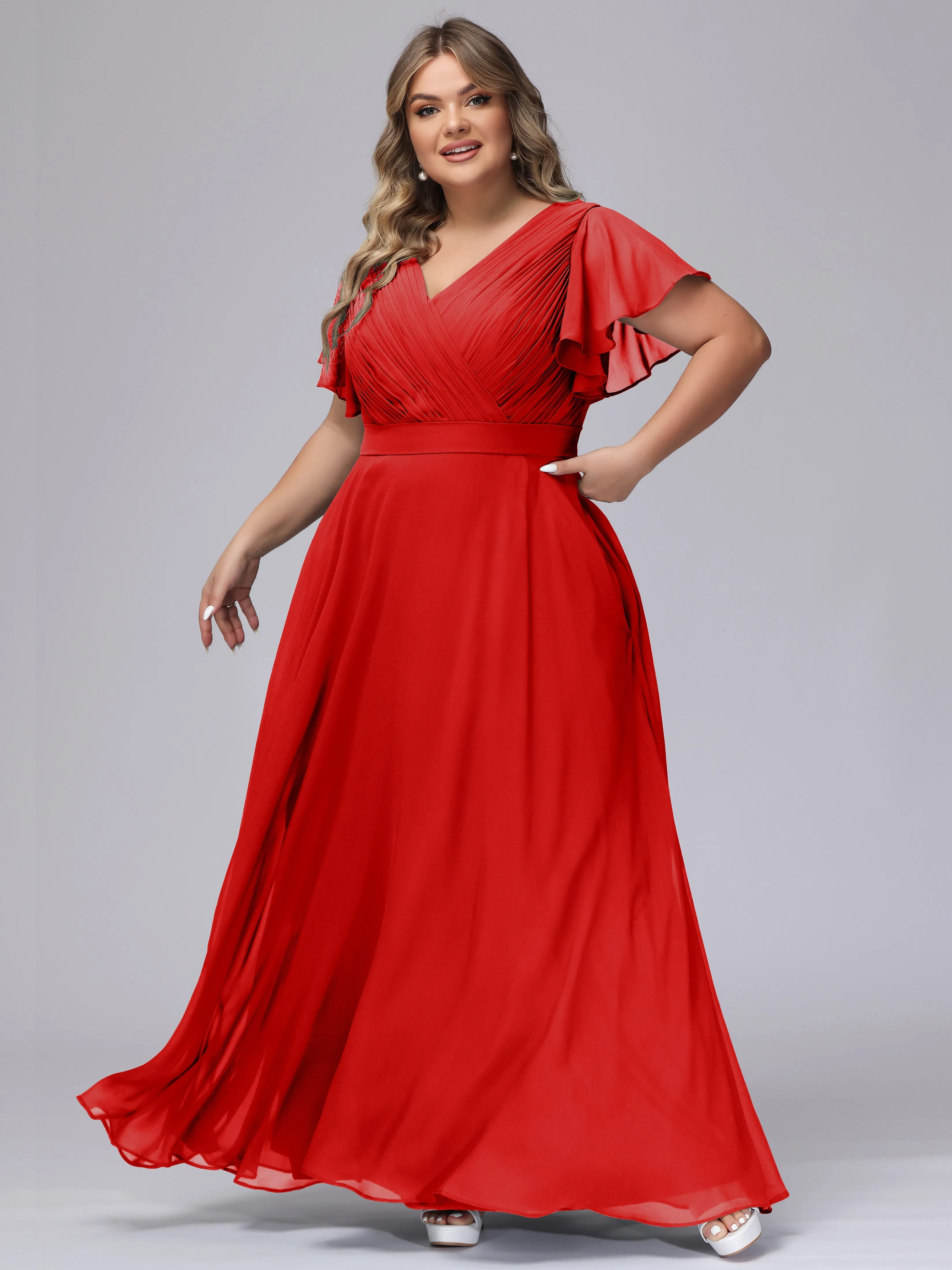 Elegant V-neck Ruffle Sleeves Empire Plus Size Bridesmaid Dress