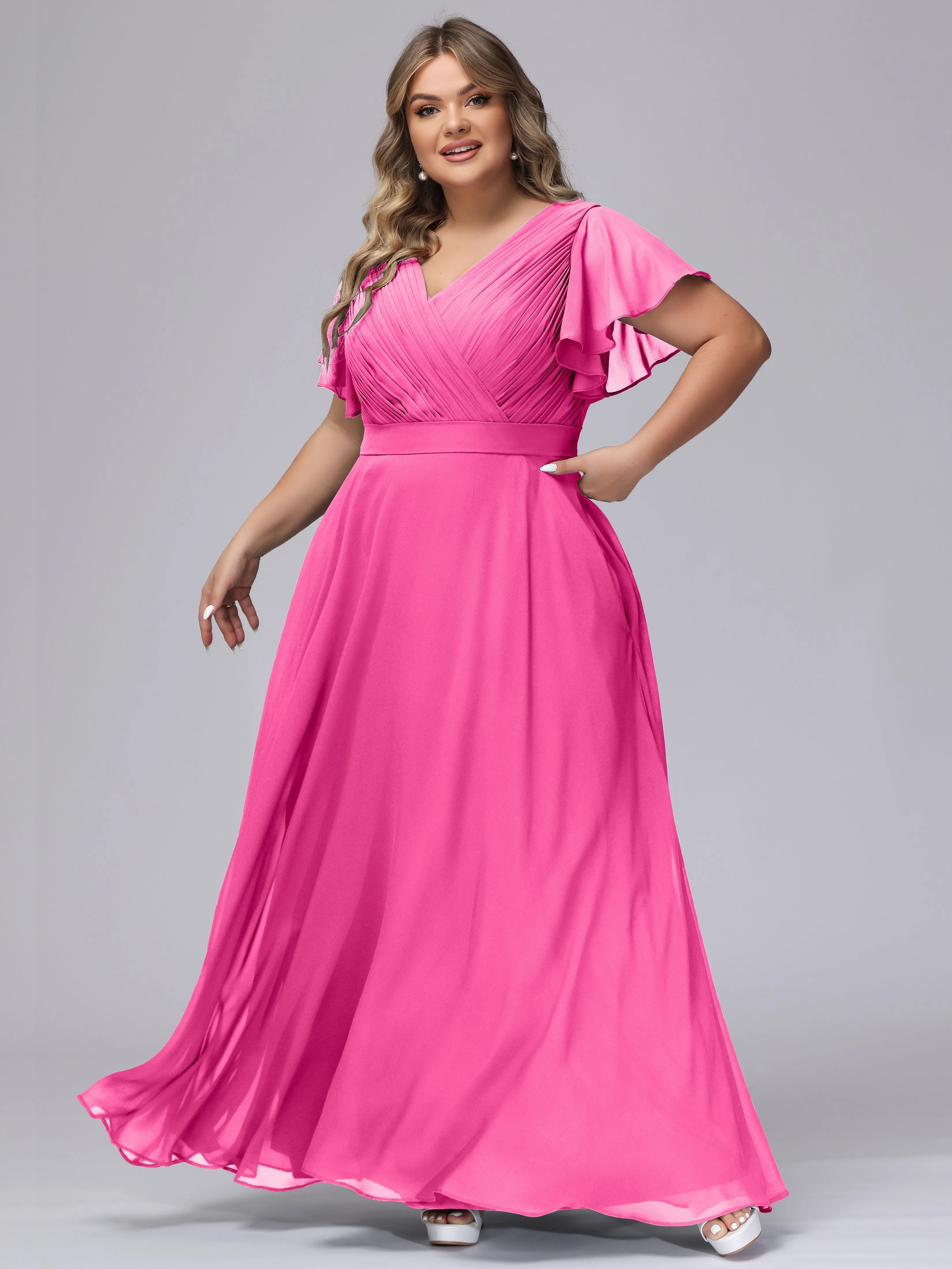 Elegant V-neck Ruffle Sleeves Empire Plus Size Bridesmaid Dress