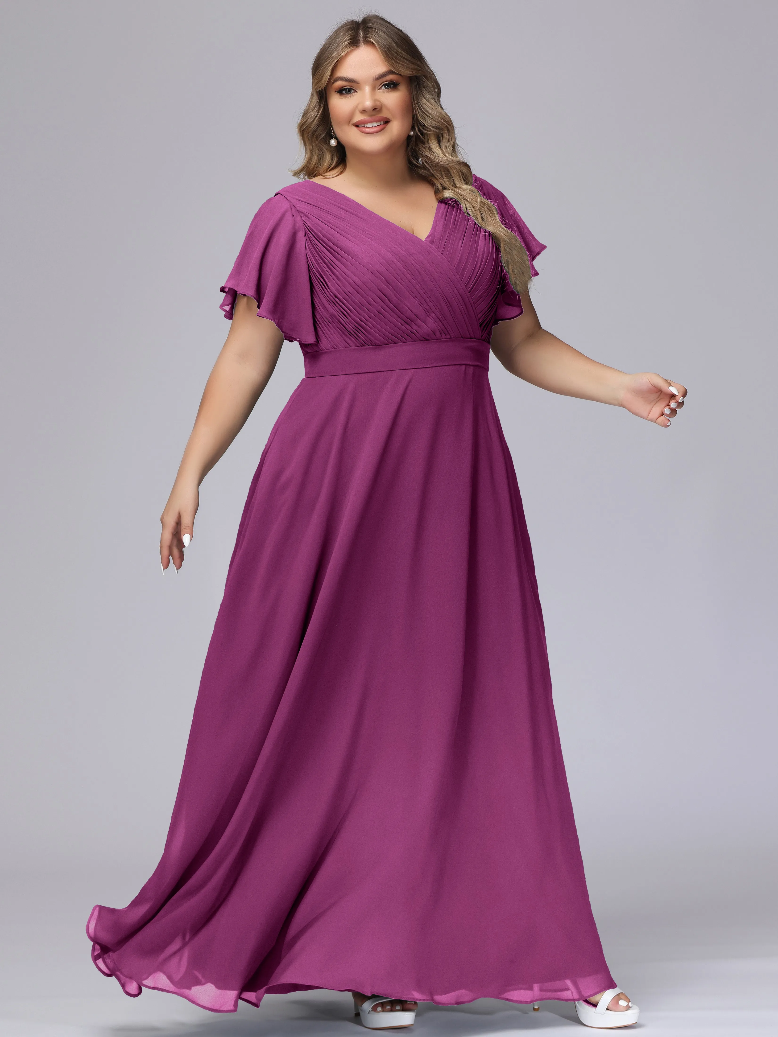 Elegant V-neck Ruffle Sleeves Empire Plus Size Bridesmaid Dress