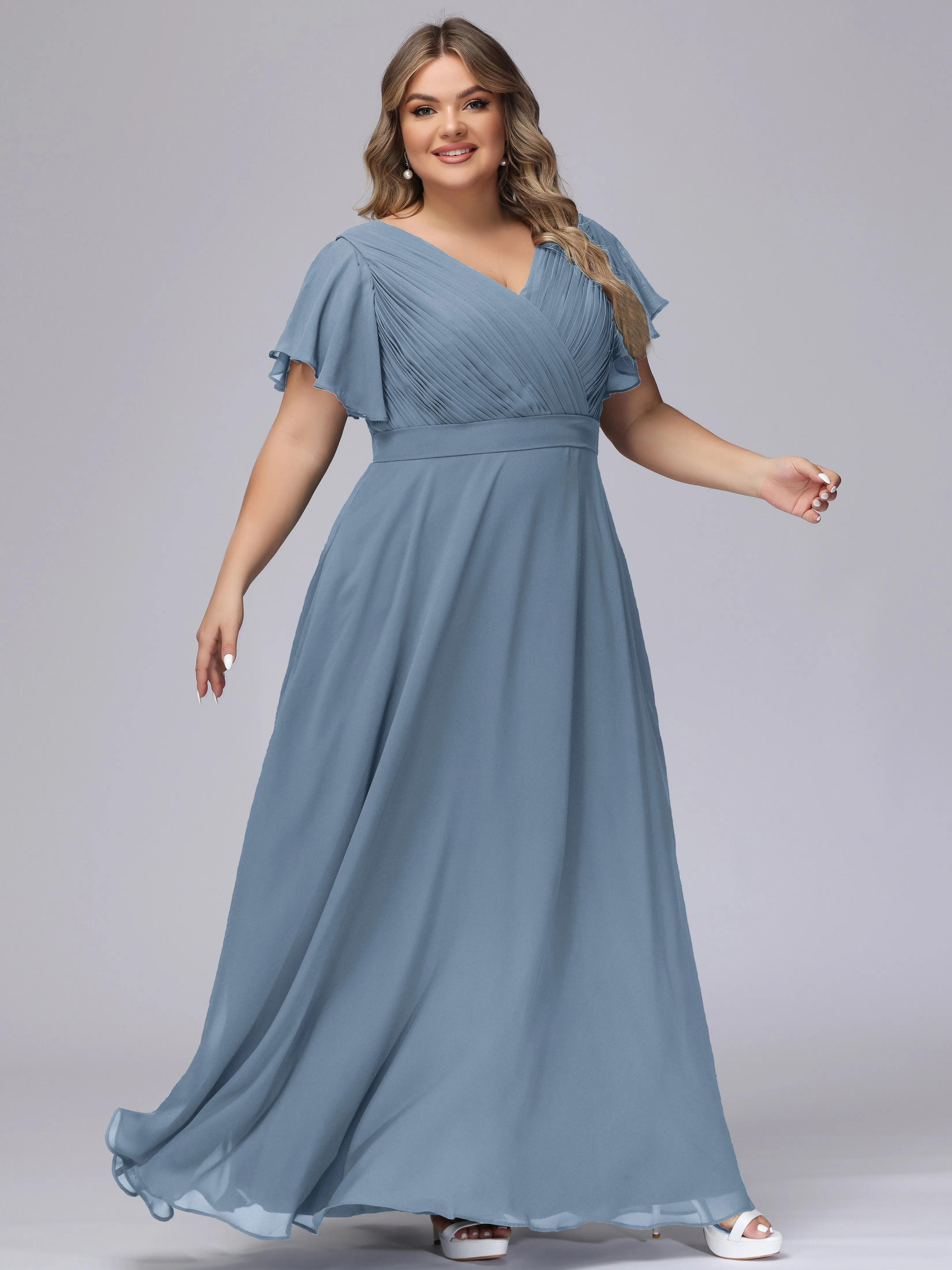 Elegant V-neck Ruffle Sleeves Empire Plus Size Bridesmaid Dress
