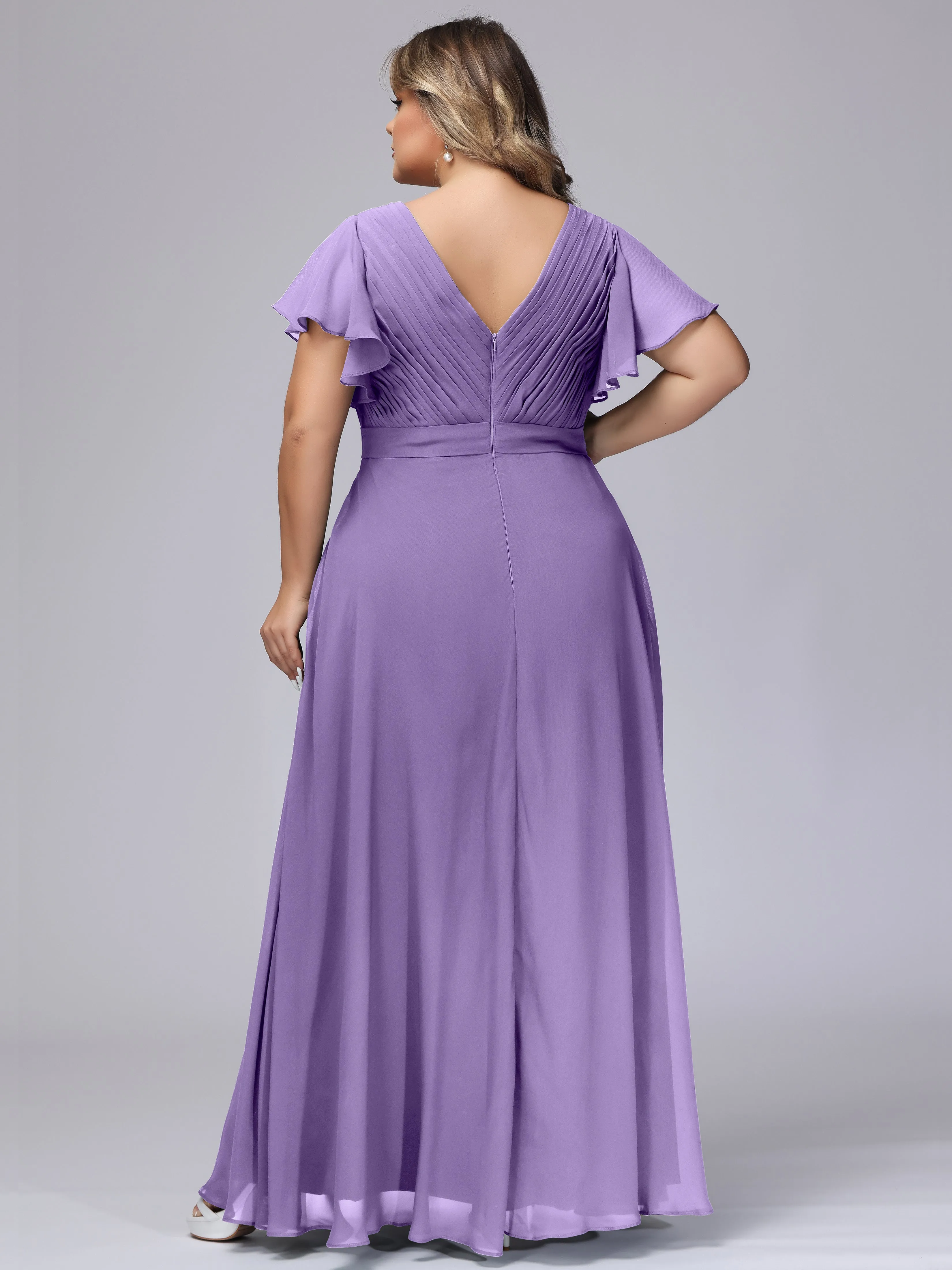 Elegant V-neck Ruffle Sleeves Empire Plus Size Bridesmaid Dress