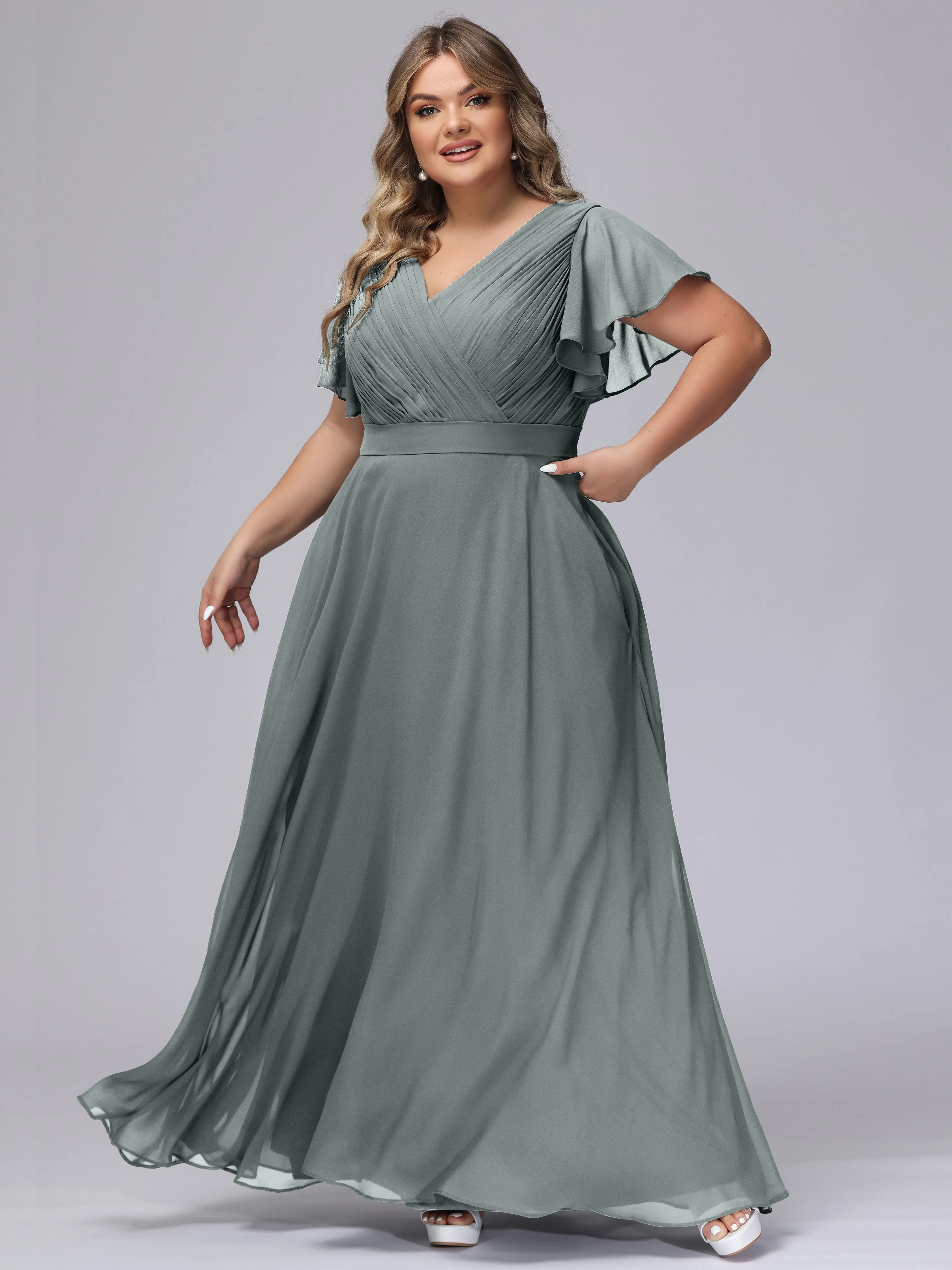 Elegant V-neck Ruffle Sleeves Empire Plus Size Bridesmaid Dress