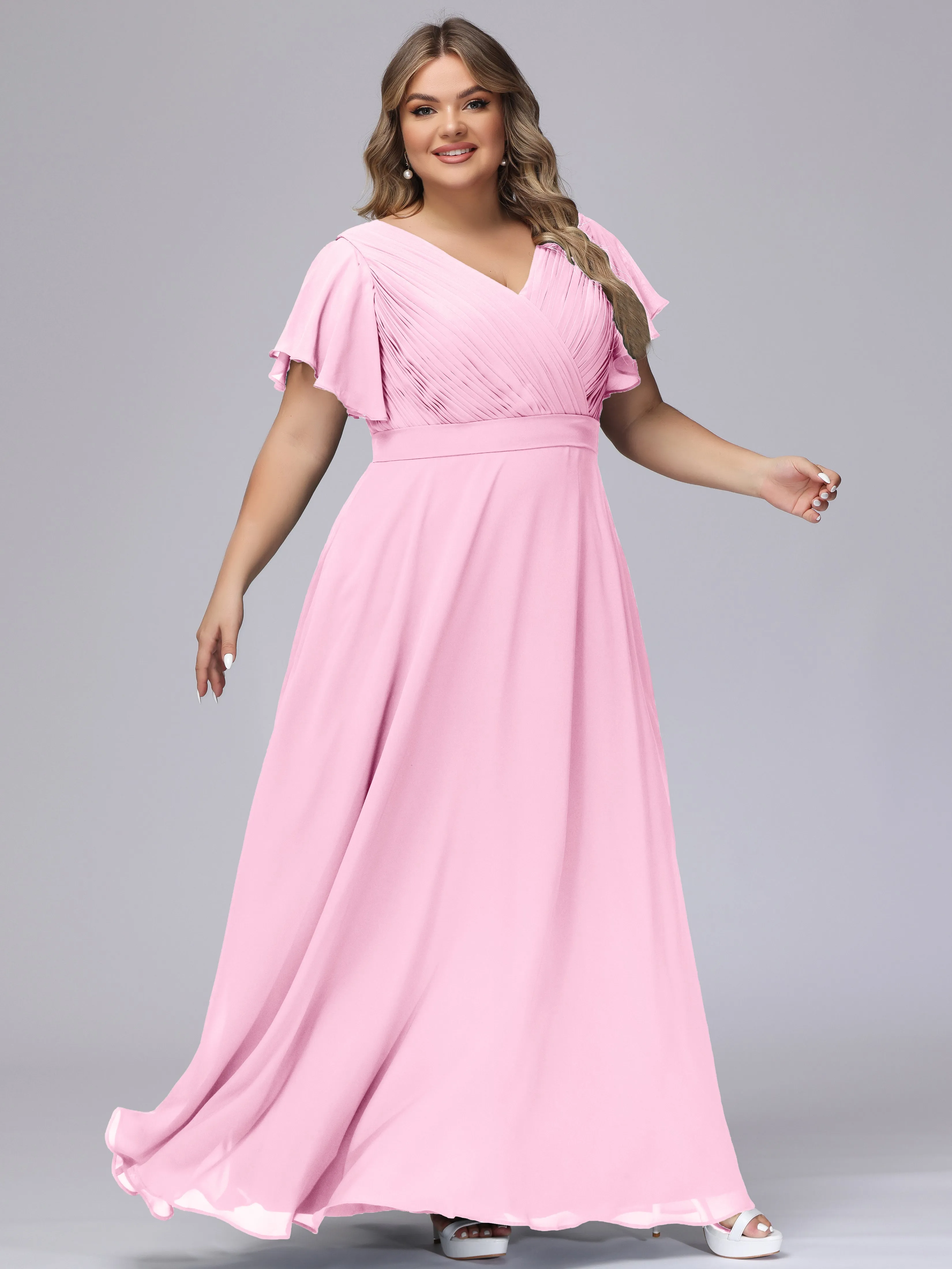 Elegant V-neck Ruffle Sleeves Empire Plus Size Bridesmaid Dress