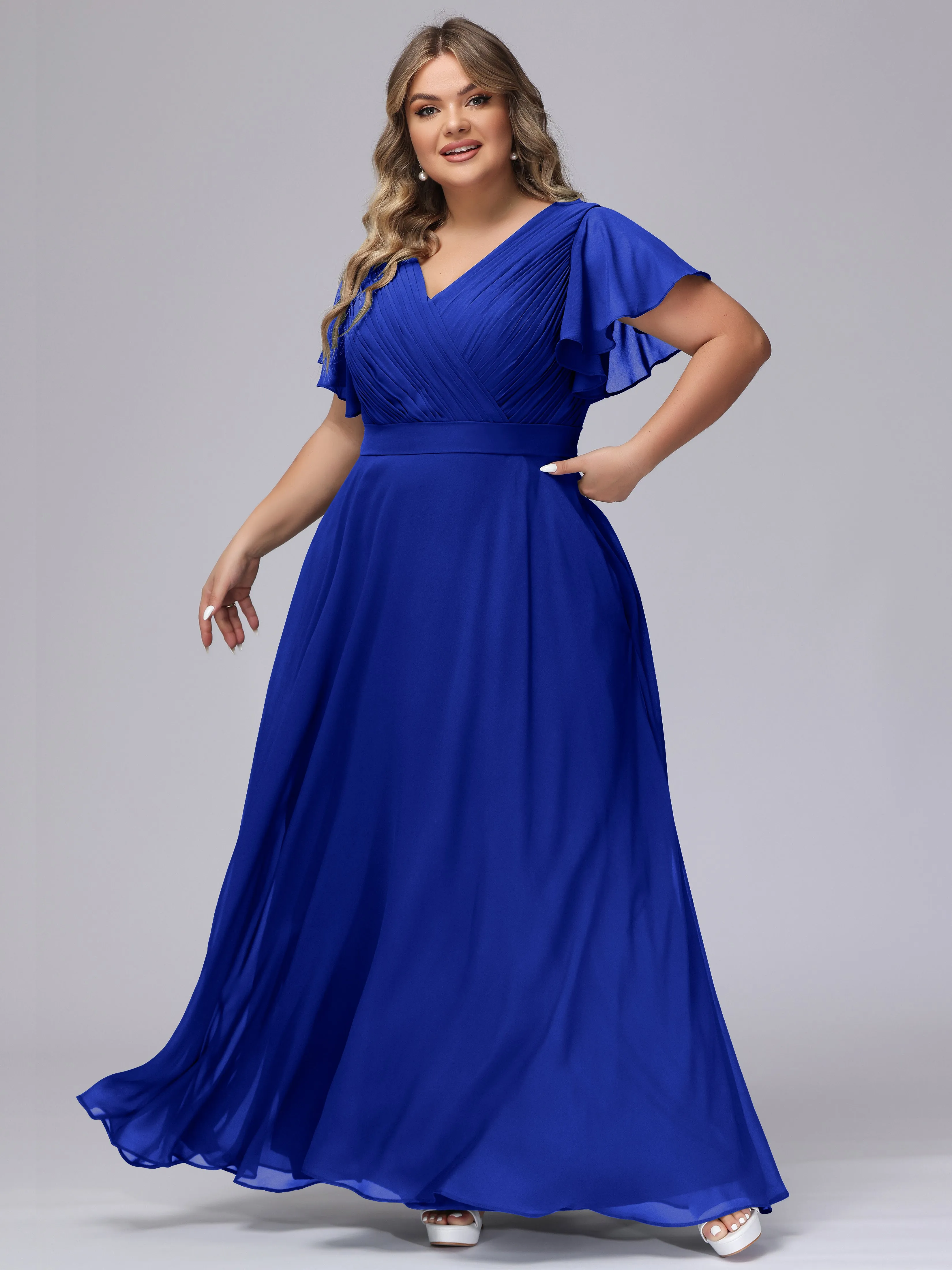 Elegant V-neck Ruffle Sleeves Empire Plus Size Bridesmaid Dress