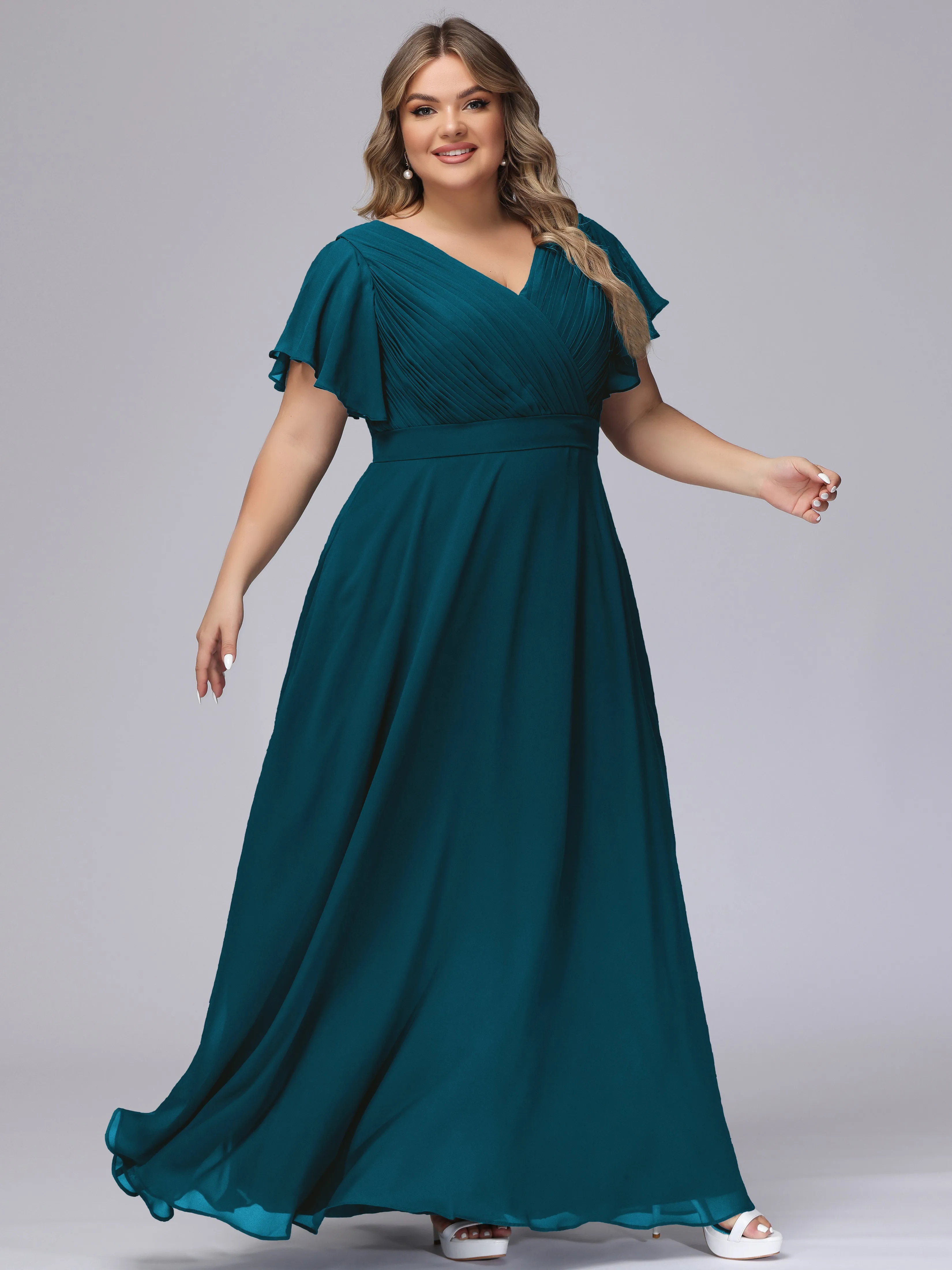 Elegant V-neck Ruffle Sleeves Empire Plus Size Bridesmaid Dress