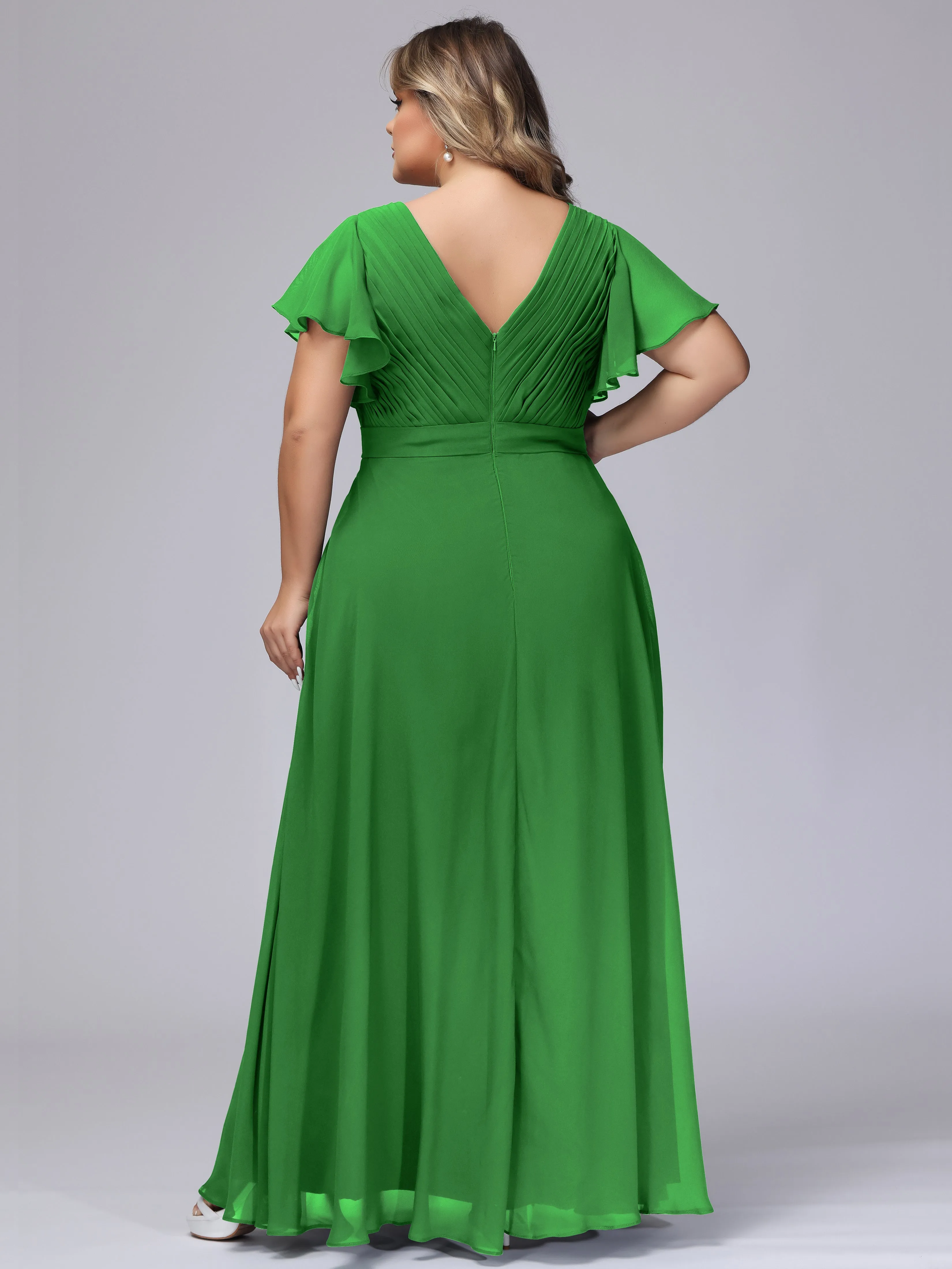 Elegant V-neck Ruffle Sleeves Empire Plus Size Bridesmaid Dress
