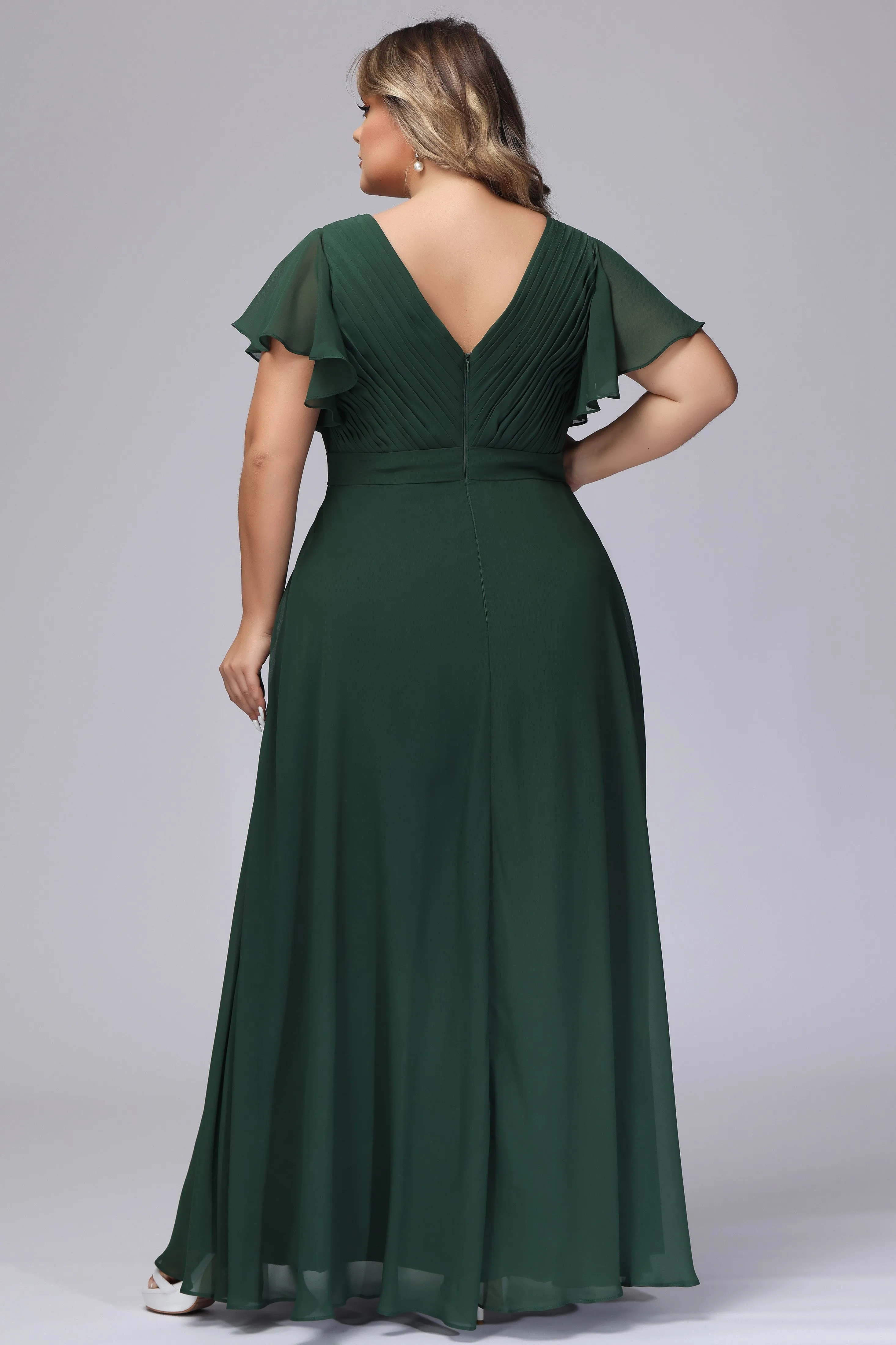 Elegant V-neck Ruffle Sleeves Empire Plus Size Bridesmaid Dress