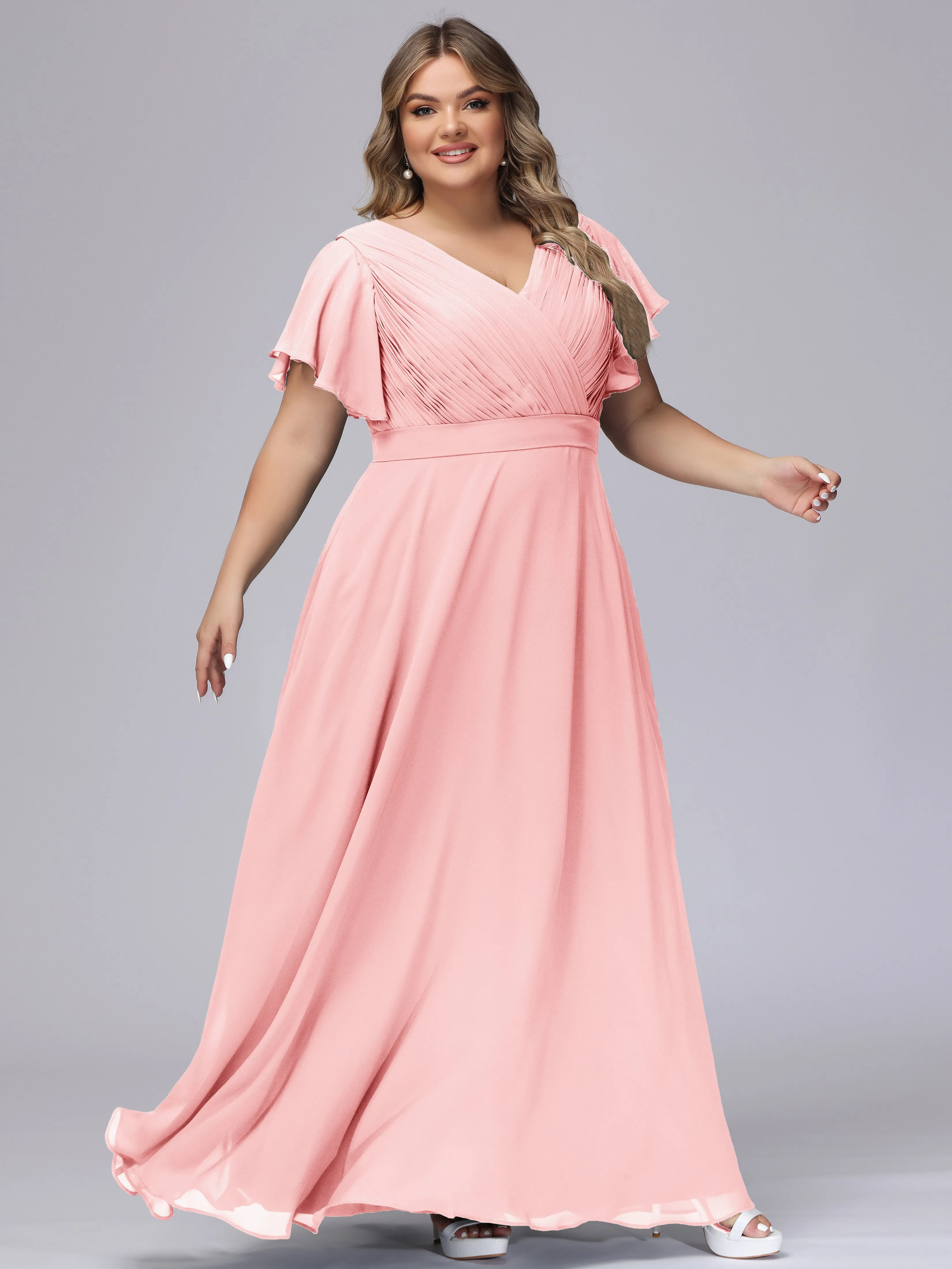 Elegant V-neck Ruffle Sleeves Empire Plus Size Bridesmaid Dress