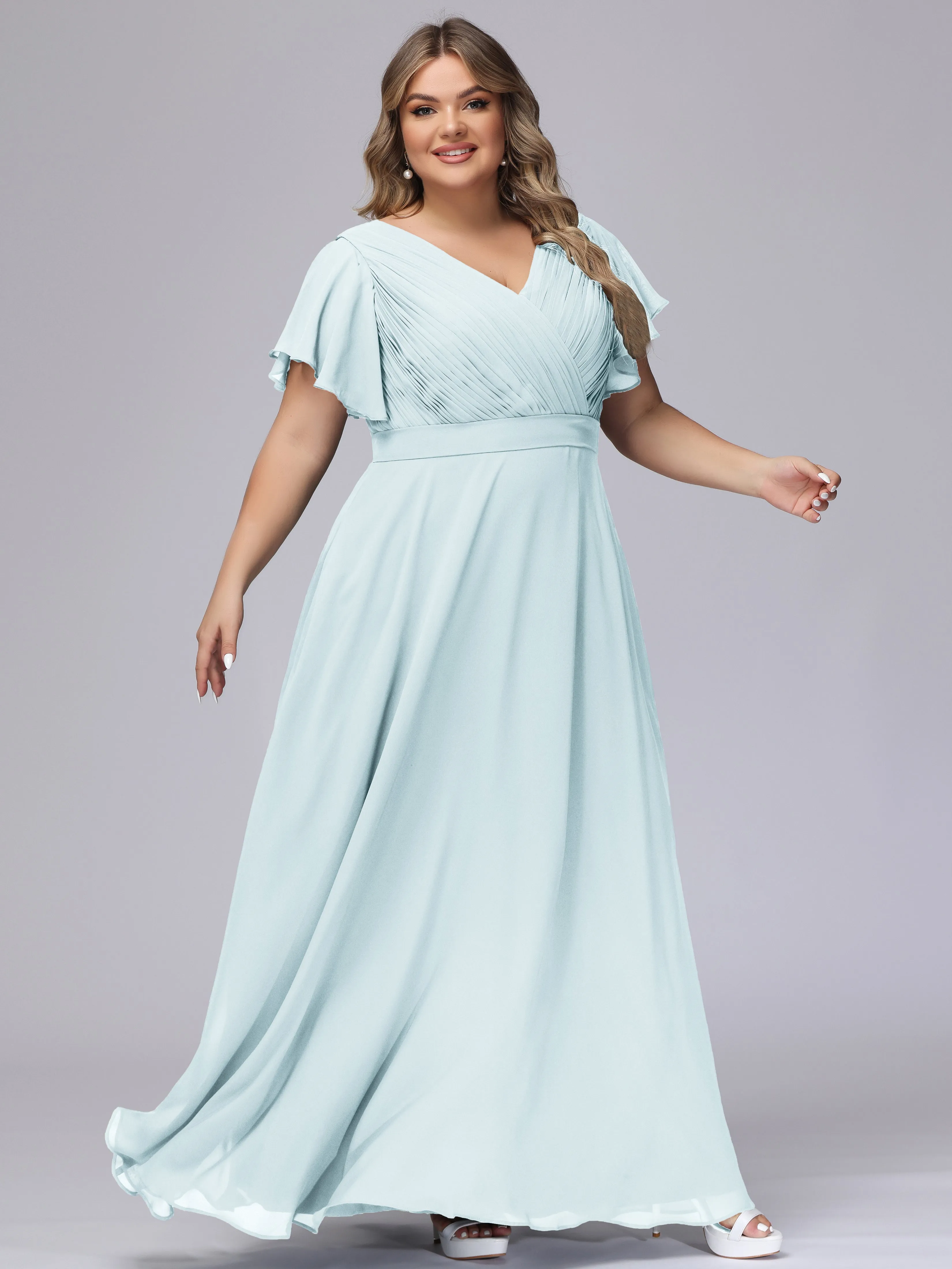 Elegant V-neck Ruffle Sleeves Empire Plus Size Bridesmaid Dress