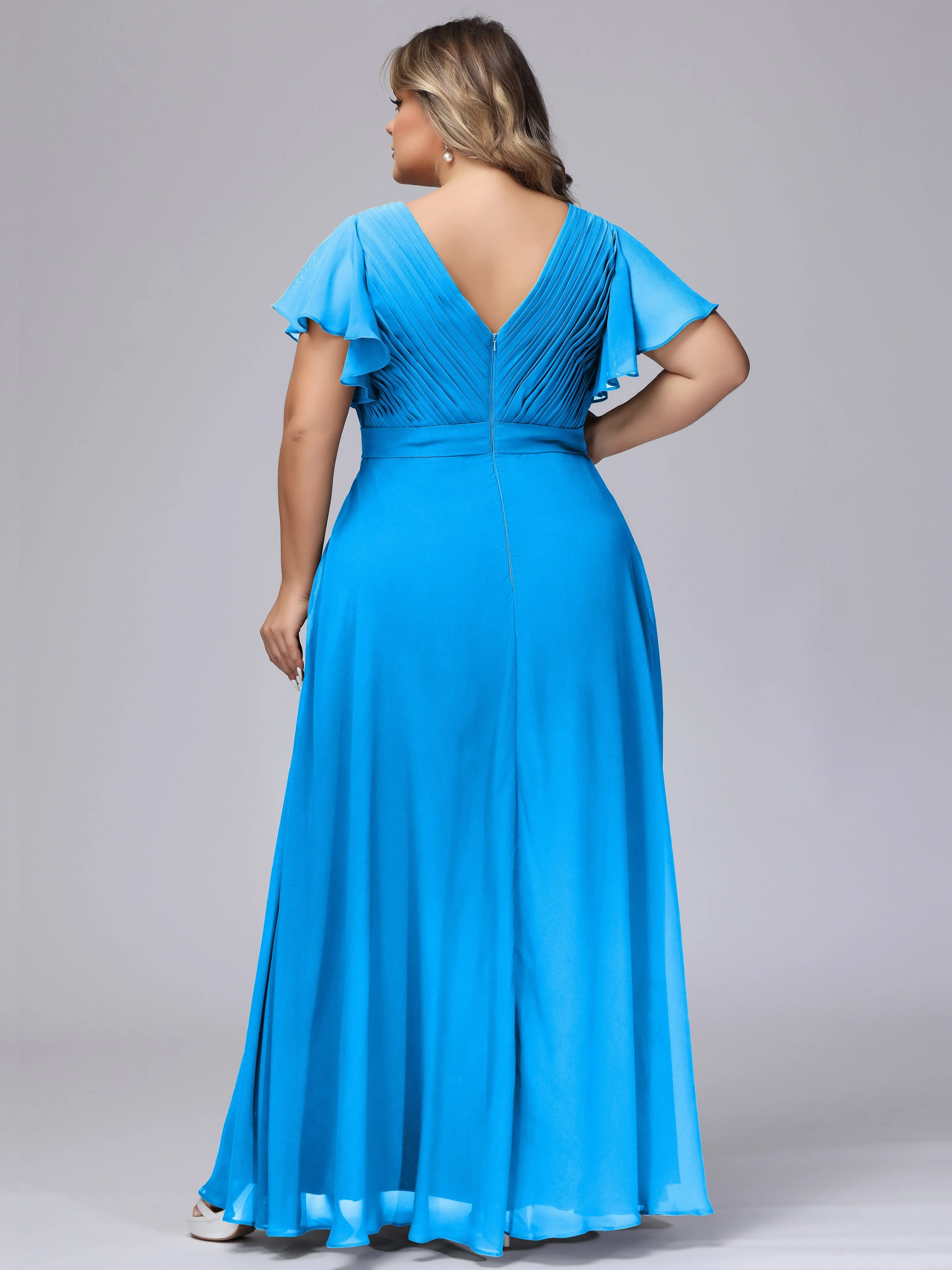 Elegant V-neck Ruffle Sleeves Empire Plus Size Bridesmaid Dress