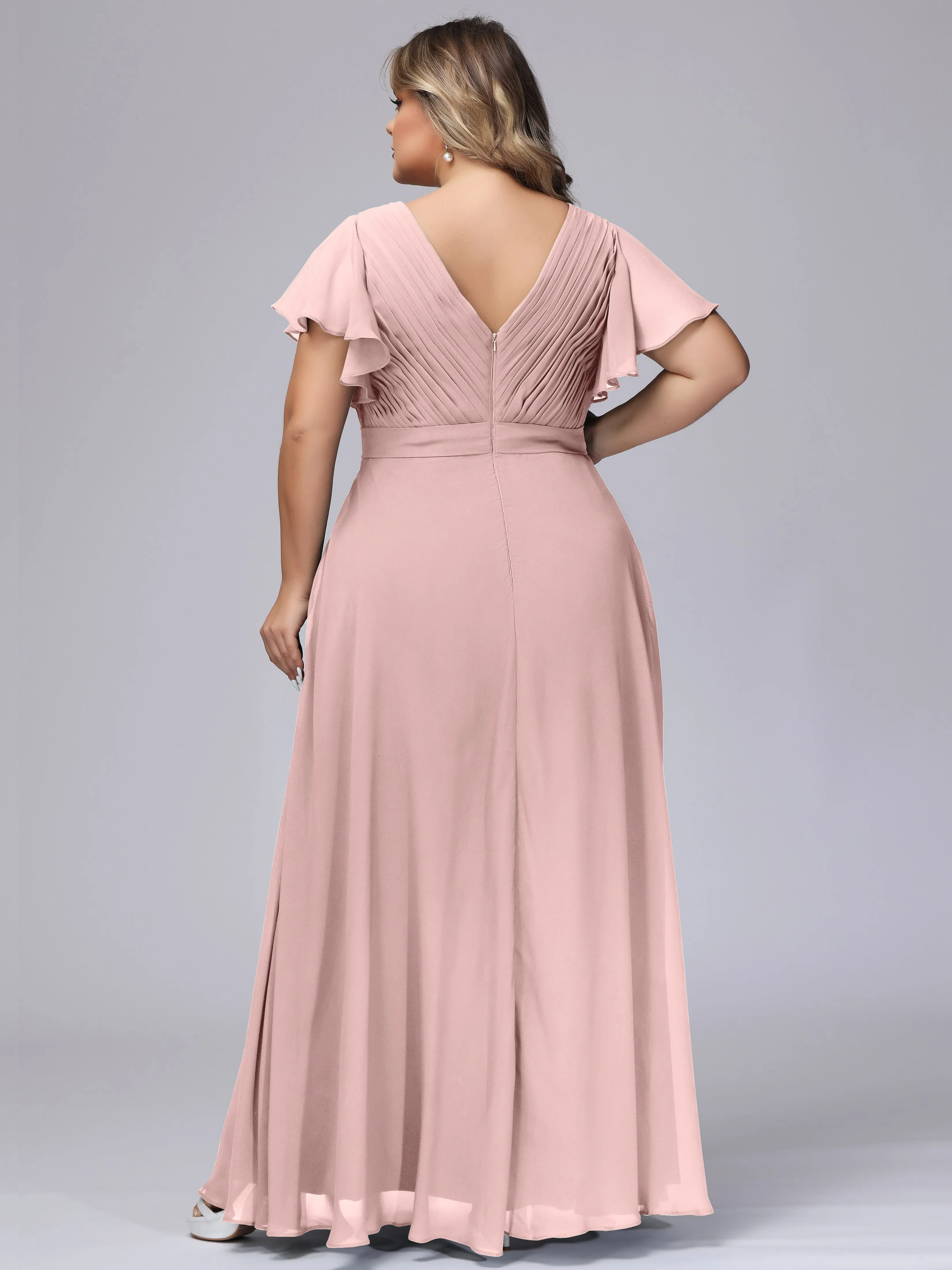 Elegant V-neck Ruffle Sleeves Empire Plus Size Bridesmaid Dress