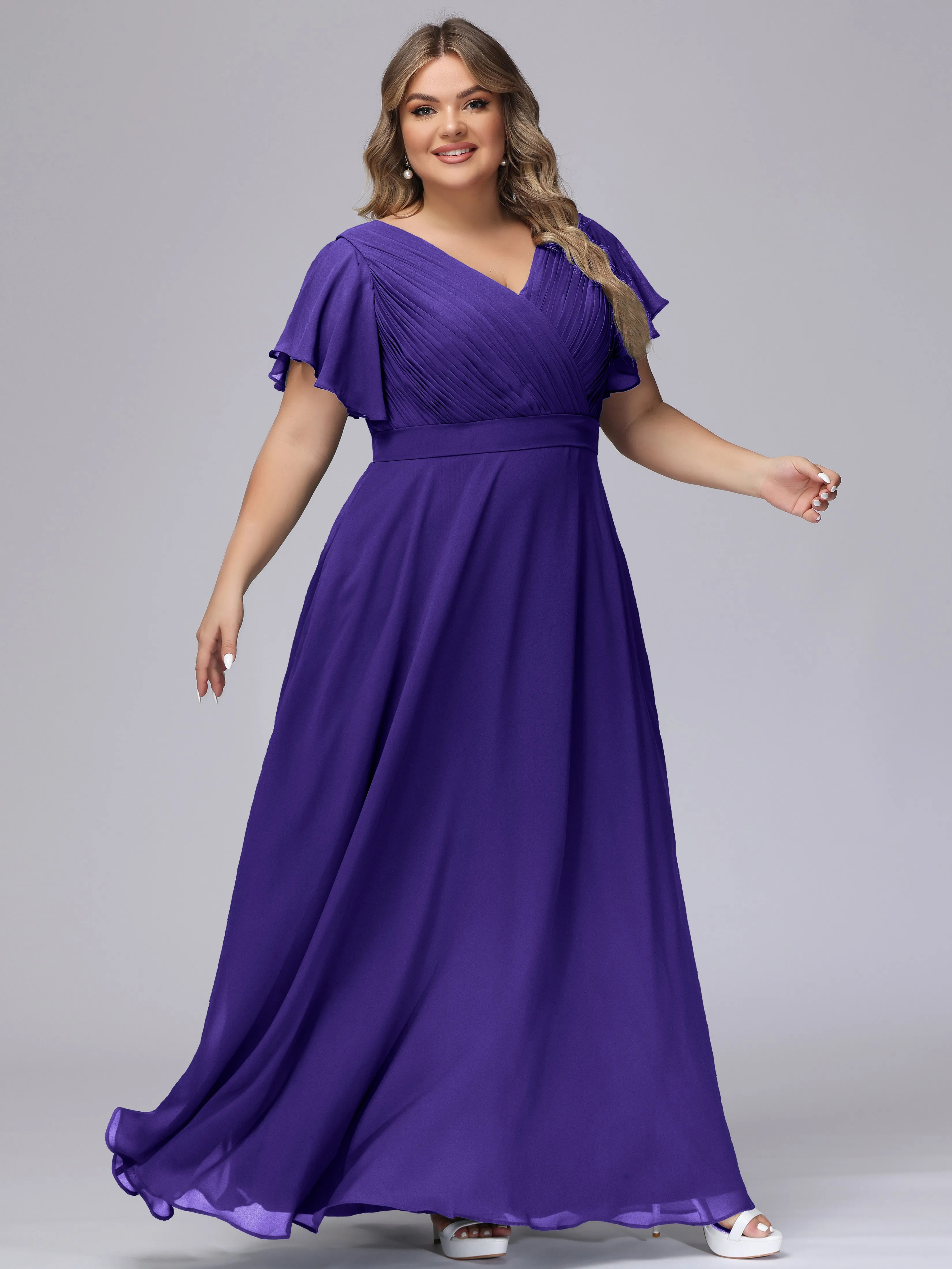 Elegant V-neck Ruffle Sleeves Empire Plus Size Bridesmaid Dress