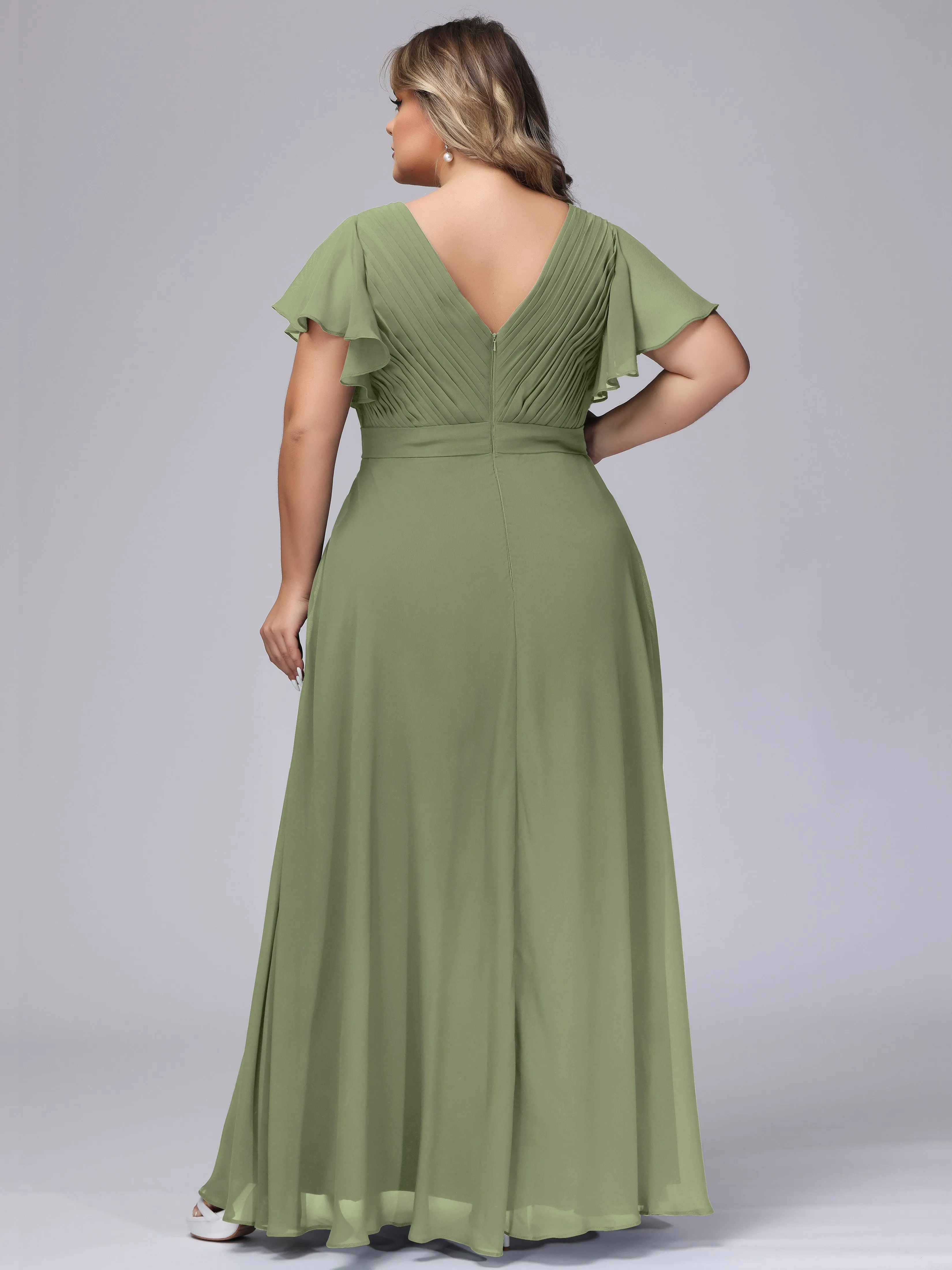 Elegant V-neck Ruffle Sleeves Empire Plus Size Bridesmaid Dress