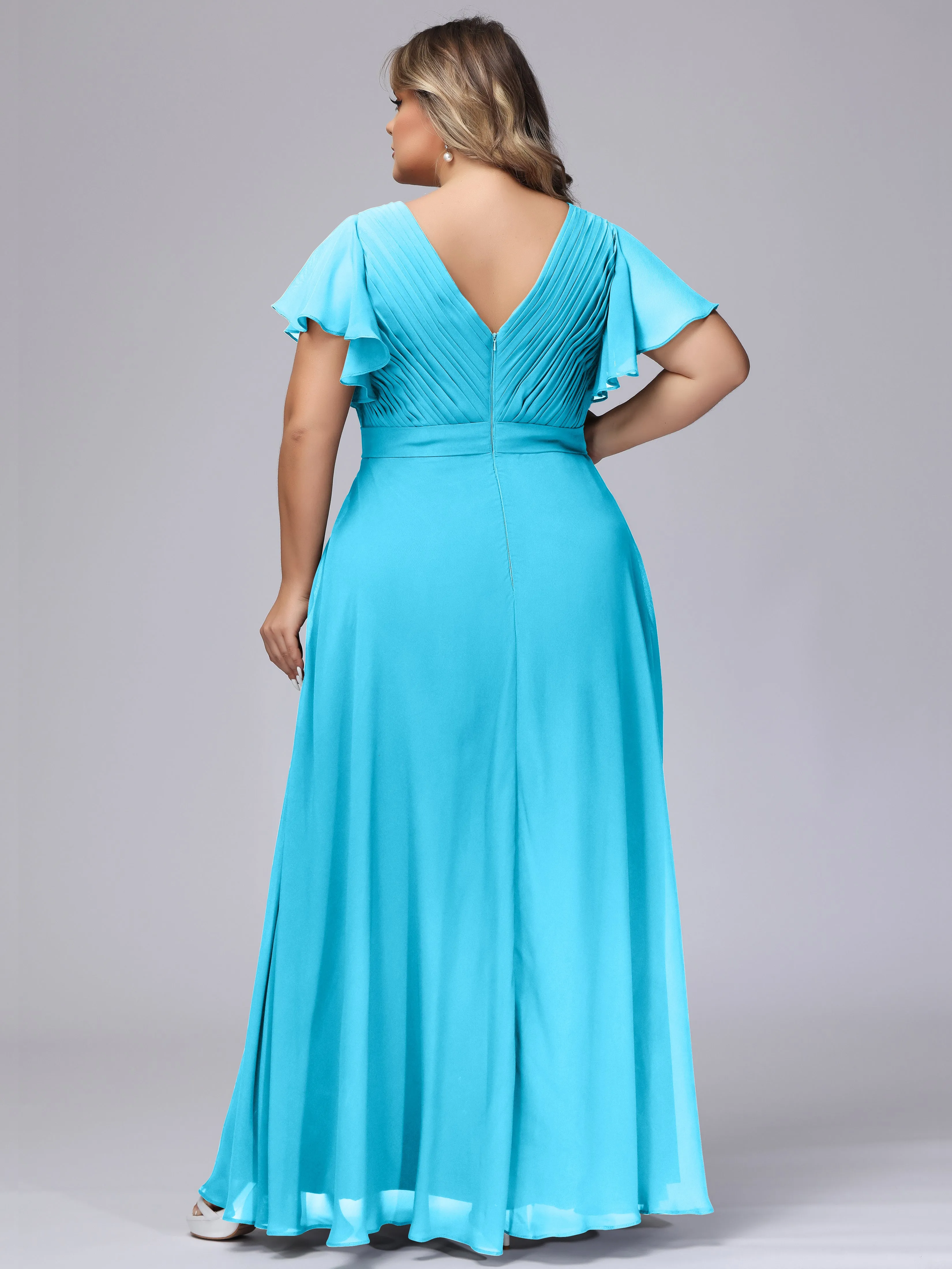 Elegant V-neck Ruffle Sleeves Empire Plus Size Bridesmaid Dress