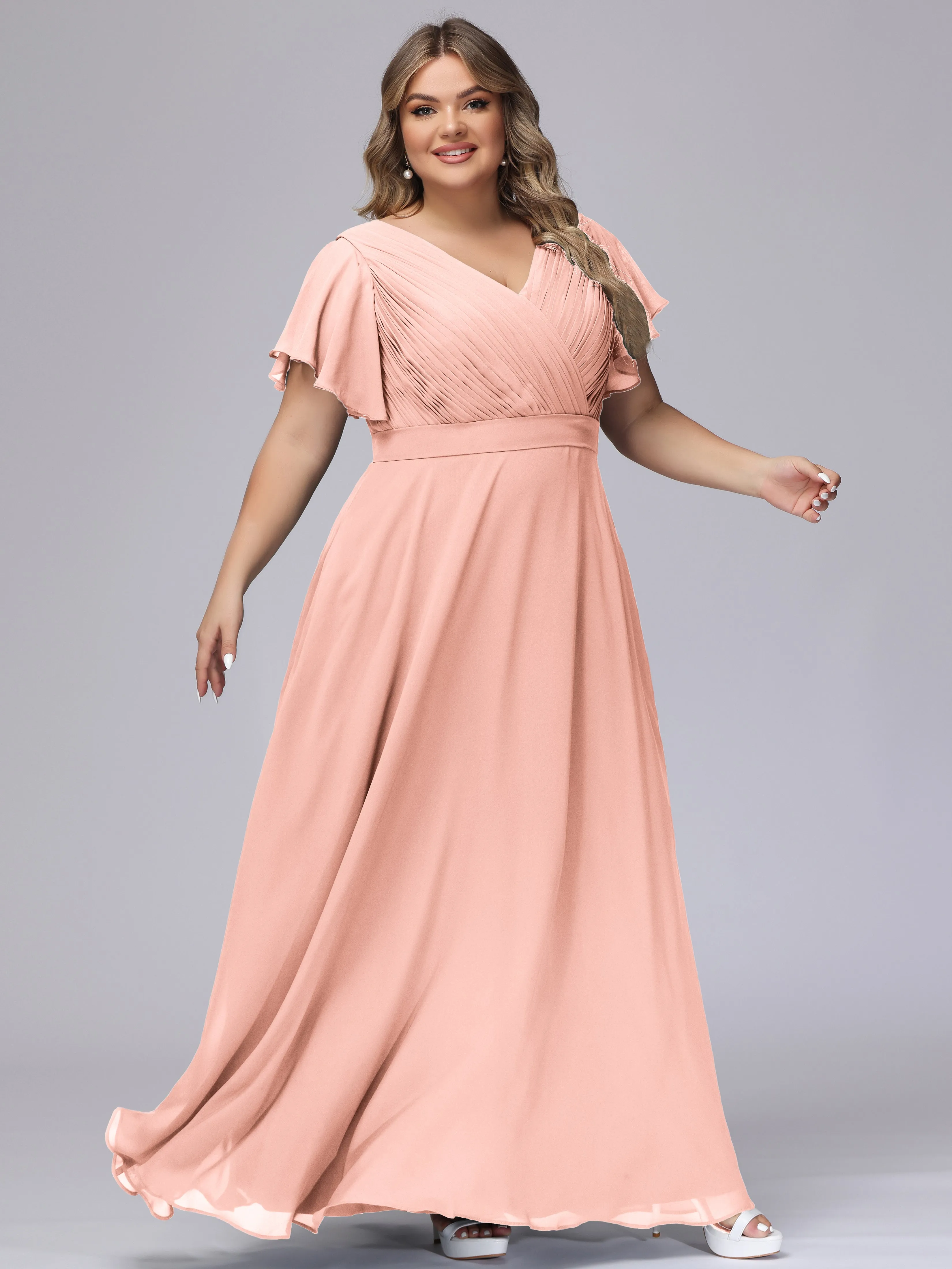 Elegant V-neck Ruffle Sleeves Empire Plus Size Bridesmaid Dress