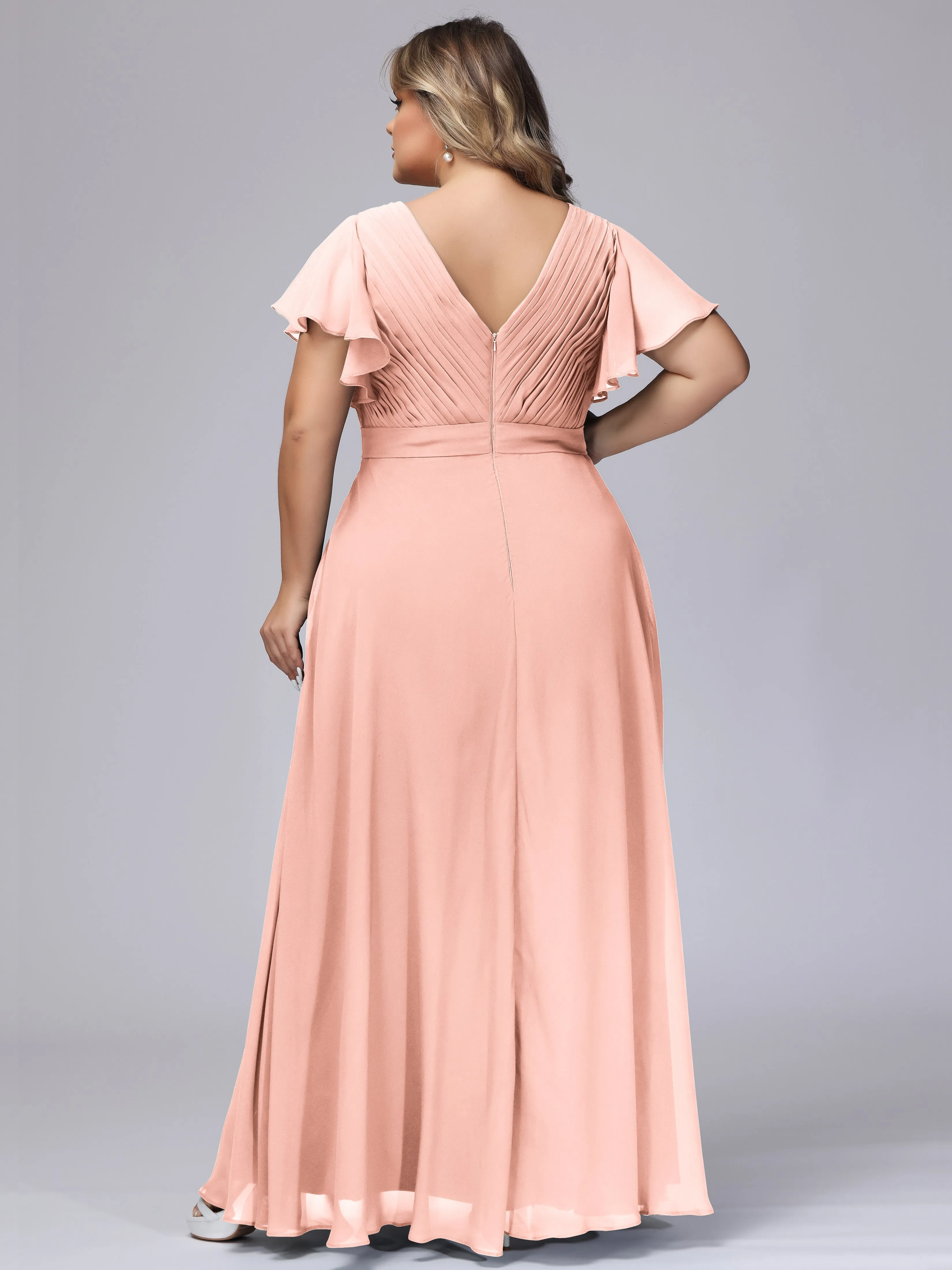 Elegant V-neck Ruffle Sleeves Empire Plus Size Bridesmaid Dress