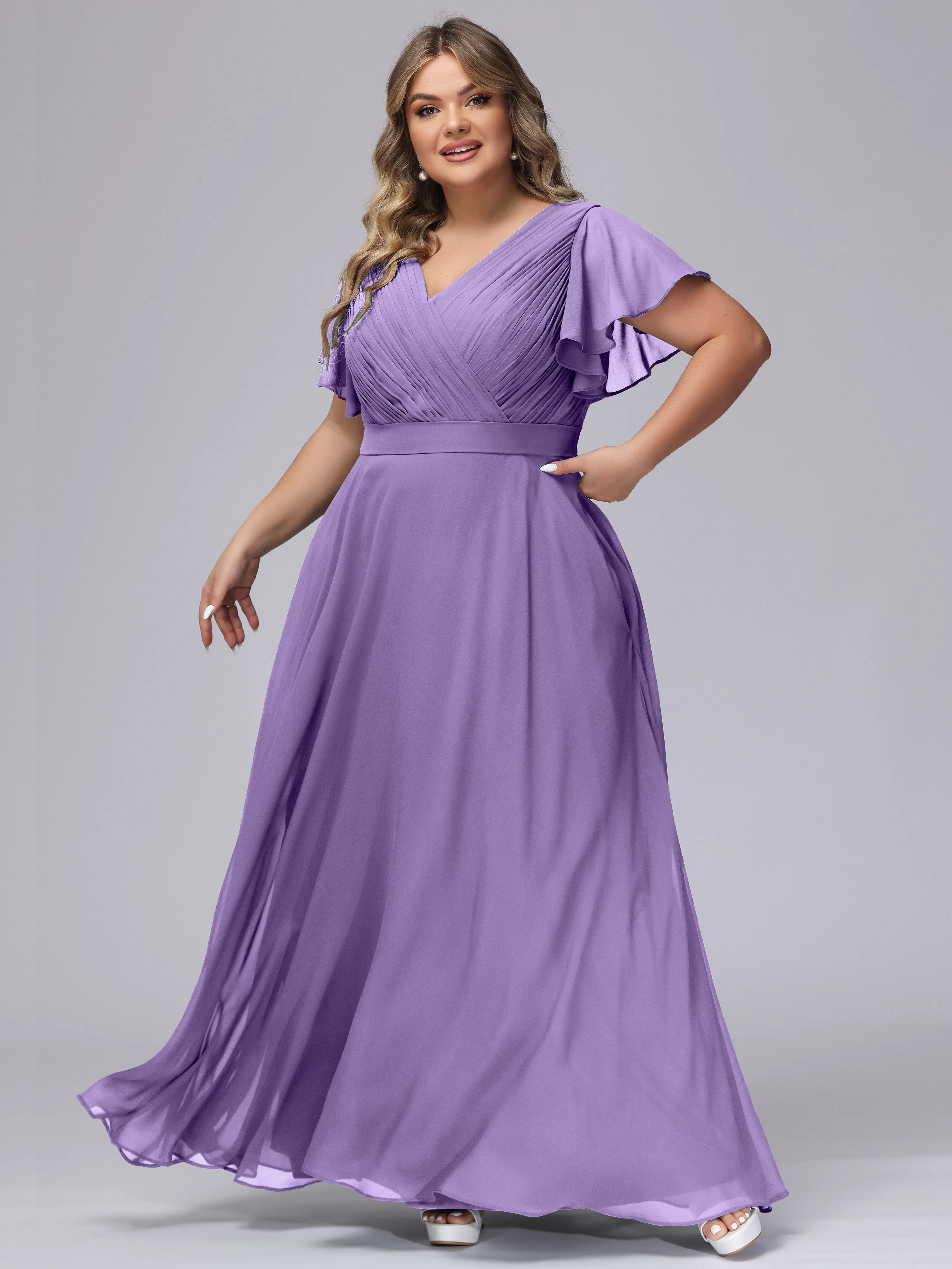 Elegant V-neck Ruffle Sleeves Empire Plus Size Bridesmaid Dress