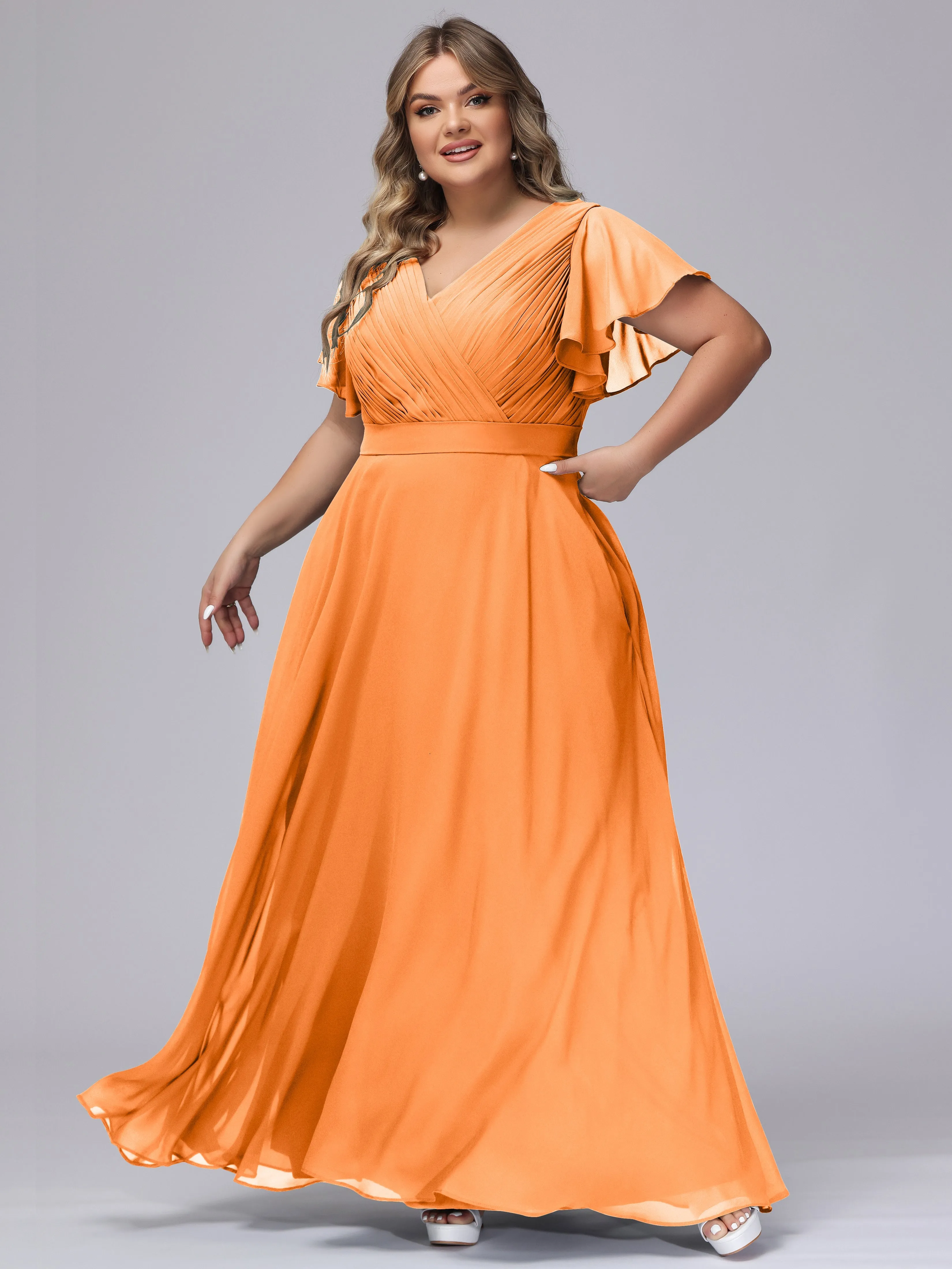 Elegant V-neck Ruffle Sleeves Empire Plus Size Bridesmaid Dress