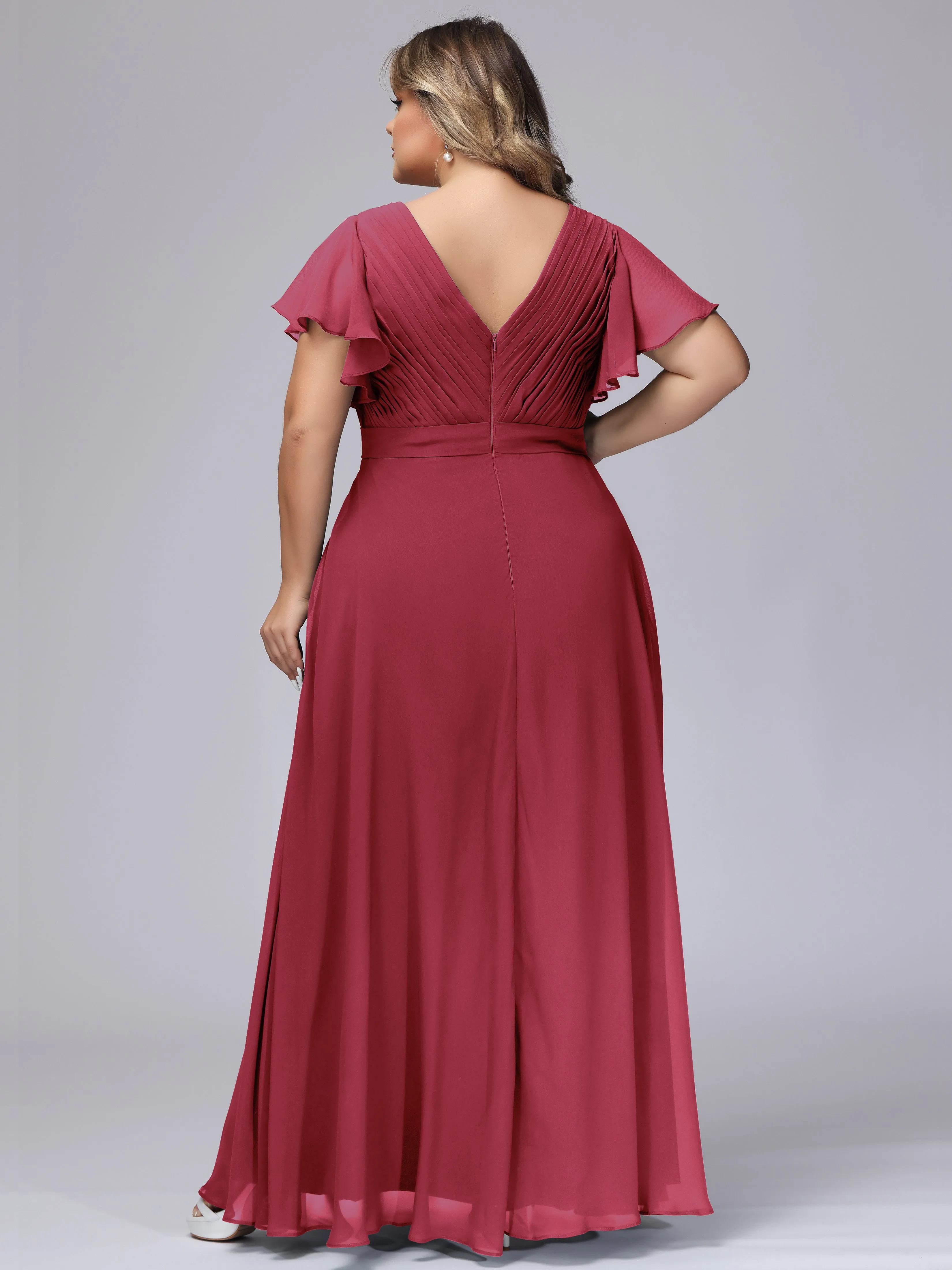 Elegant V-neck Ruffle Sleeves Empire Plus Size Bridesmaid Dress